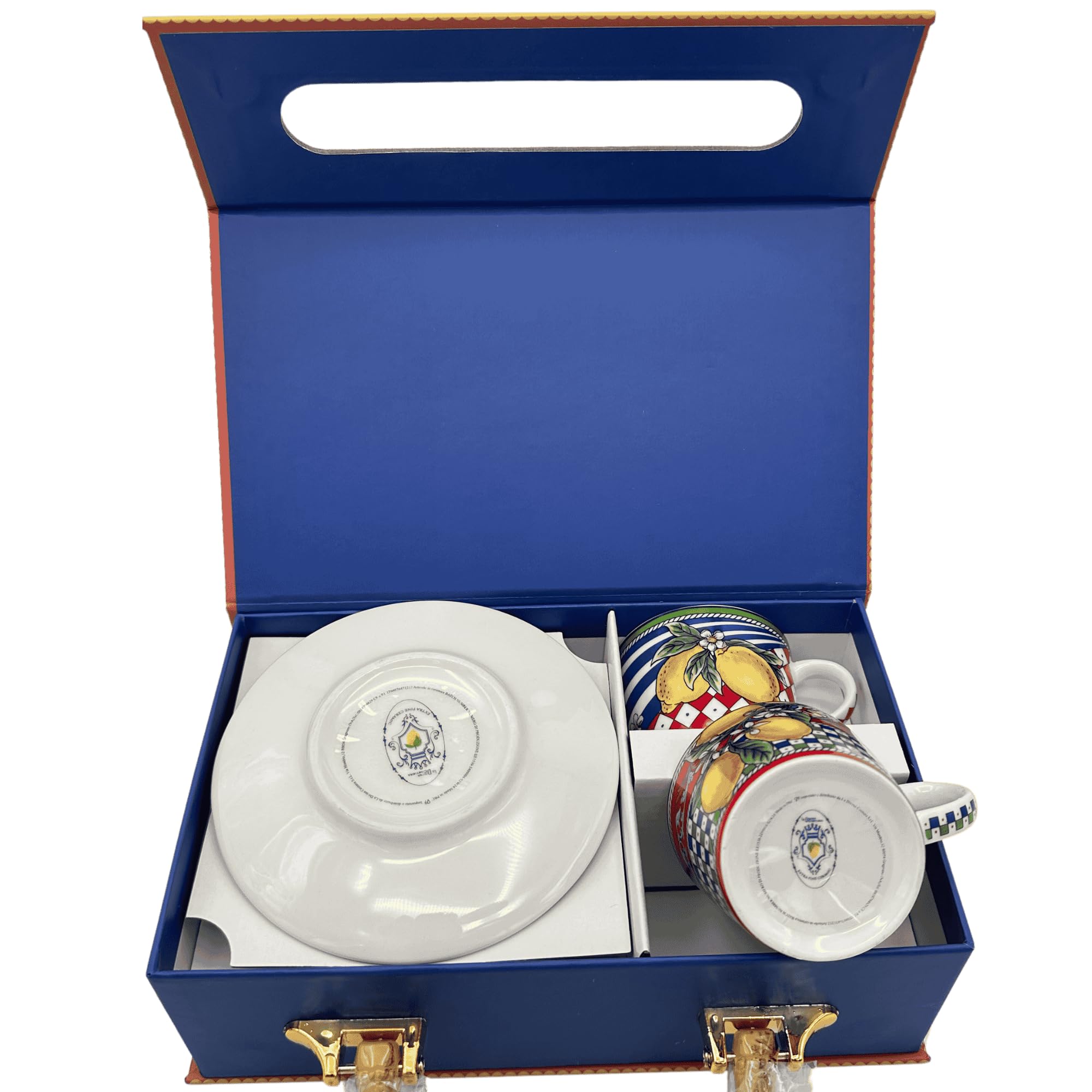 DIVINA Ceramica Box Set Caffè Amalfi, 2 Tazzine con Piattino, Design Rosso con Motivi Floreali e Agrumi - SF174