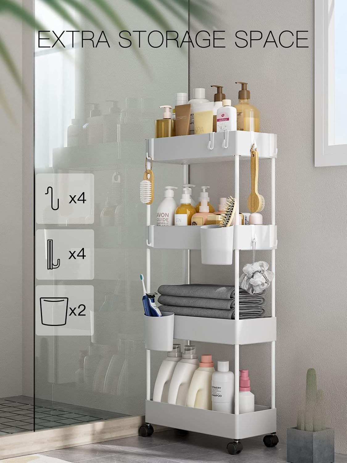 Pipishell Slim Storage Cart with Wheels, 4 Tier Bathroom Storage Organizer Rolling Utility Cart for Bathroom Kitchen Laundry Room Office Narrow Place (White)