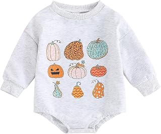 Newborn Baby Girl Boy Halloween Outfit Long Sleeve Pumpkin Ghost Sweatshirt Romper Oversized Onesie Fall Clothes
