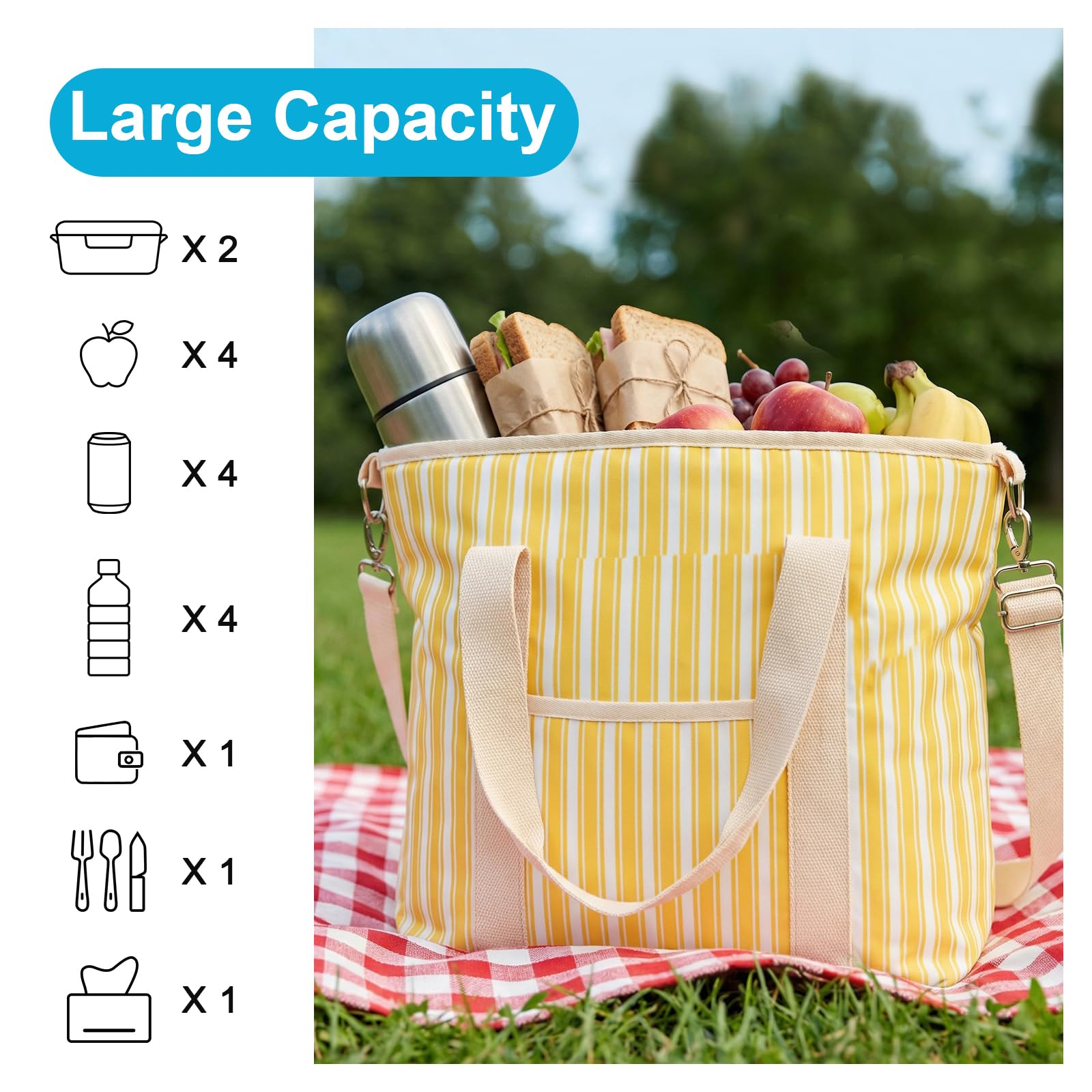 Nanxson 9L/15L/29L Grand Sac-Repas Isotherme pour Femmes Adultes Réutilisable Étanche Boîte à Lunch pour Pique-Nique Sac fourre-Tout Isotherme congelable (29L,B-Rayures Jaunes)