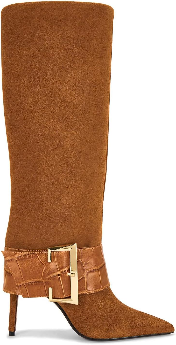 Knee High Boots for Women Pointed Toe Kitten Stiletto Heels Buckle Wide Calf Tall Pull on Sexy Boots Fashion Cowboy Fur Boots