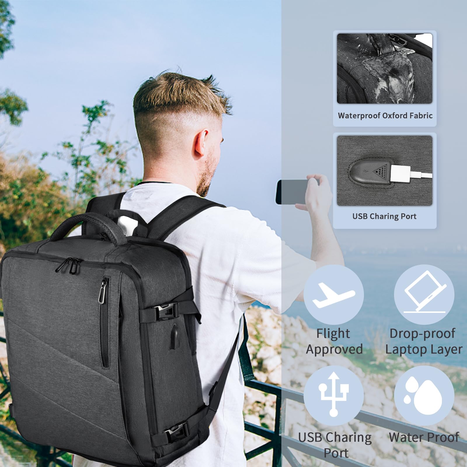 Leyrica Zaino da Viaggio 55x40x20 Bagaglio a Mano Unisex Borse da Cabina Zaino per Laptop Daypack Casual Zaino Lavoro Impermeabile (Grigio)