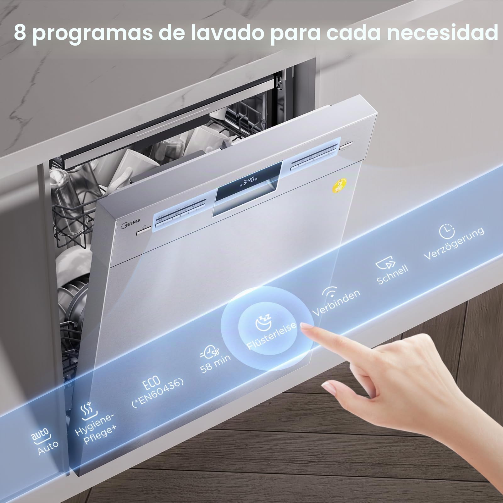 Midea SU 7.35 x 14BS Lavavajillas 60 cm Base 14 cubiertos Lavavajillas Parcialmente Integrado con WiFi, Secado Extra, 8 Programas, 42 dB, 1-24 Horas Inicio Retrasado, Acero Inoxidable