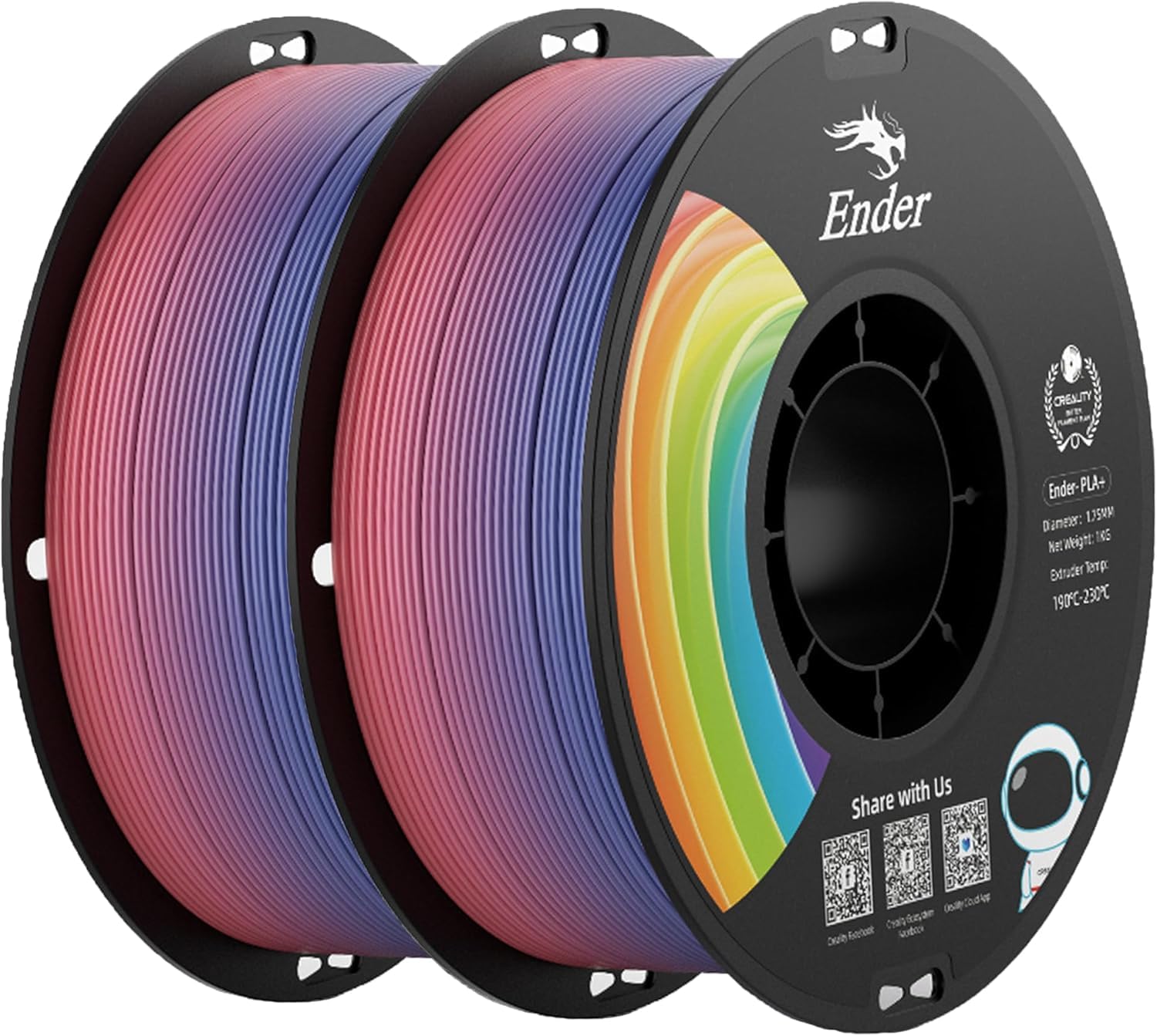 Creality Rainbow PLA+ Filament 1.75mm for 3D Printers, 2kg(4.4lb) +/-0.02mm Dimensional Accuracy, High Speed Filament with Good Toughness & Tangle Free, Fits Most 3D Printers