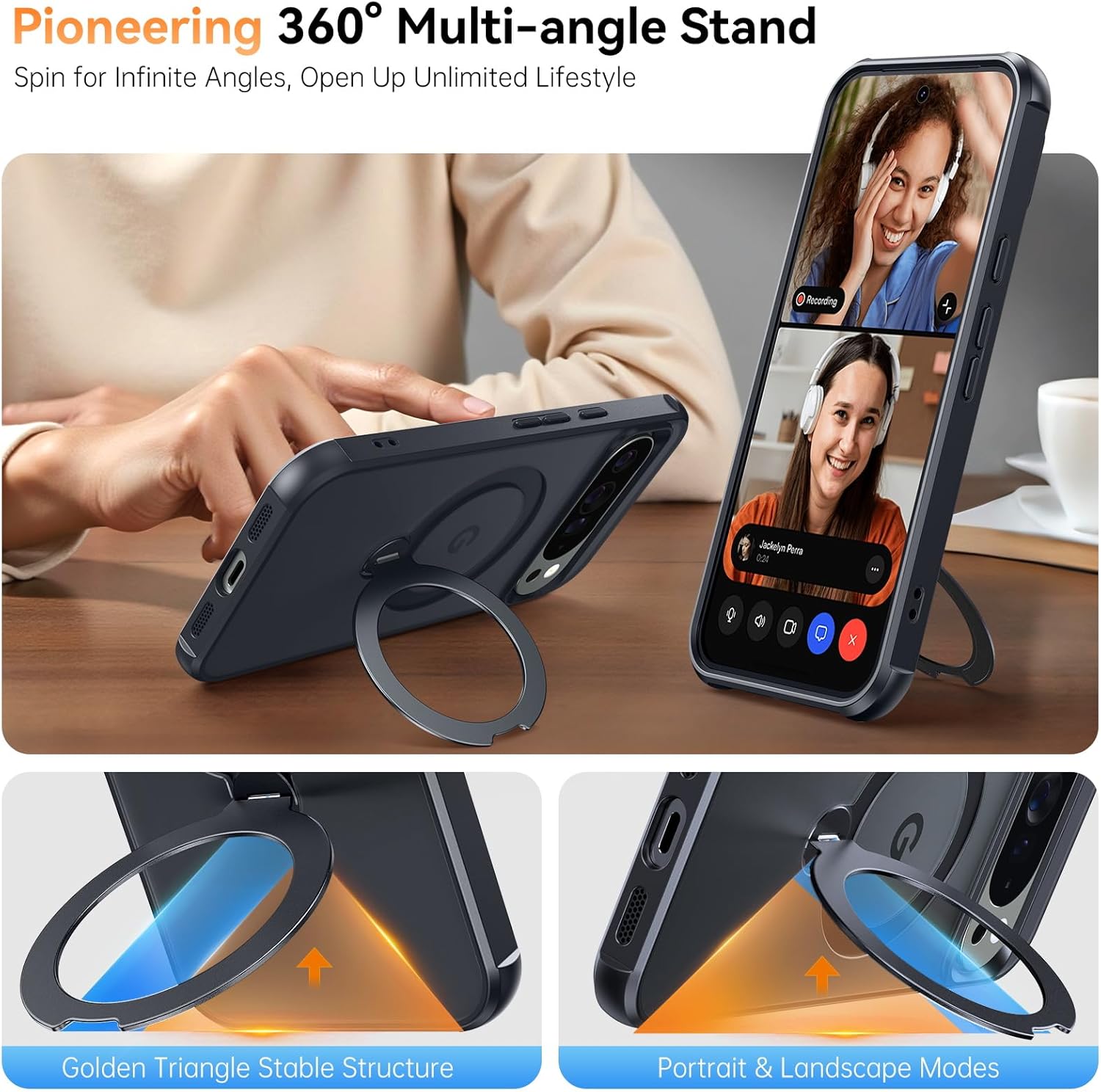 360 Spin Magnetic Stand for Google Pixel 10 Pro XL Case, Fit for Magsafe, 4X Mil-Grade Protection, Anti-Fingerprint, Non-Slip Shockproof Slim for Pixel 10 Pro XL Phone Case with Kickstand, Matte Black