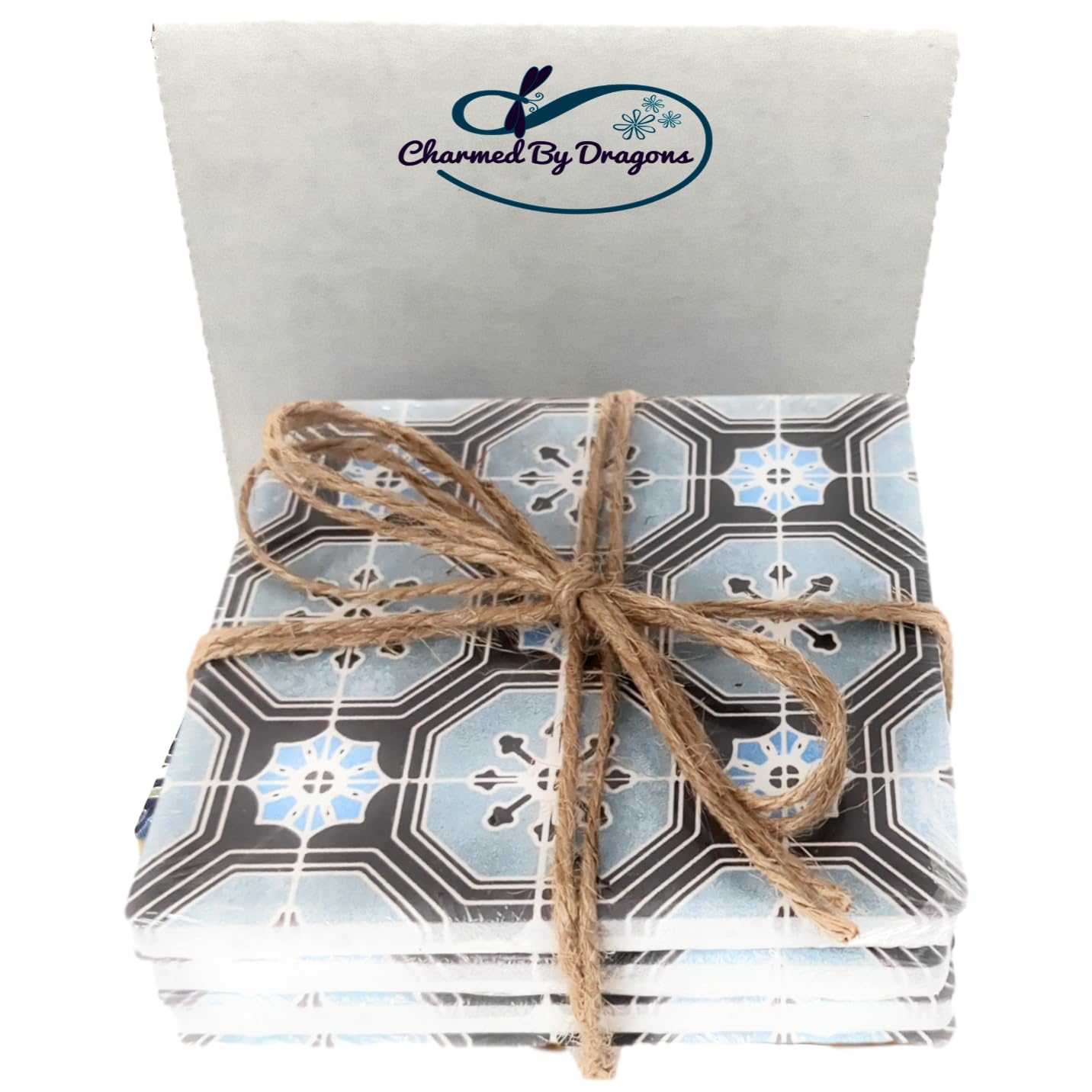 Farmhouse Ceramic Coasters Made in The USA Set of 4 in Gift Box (Blue Moraccan Tile)