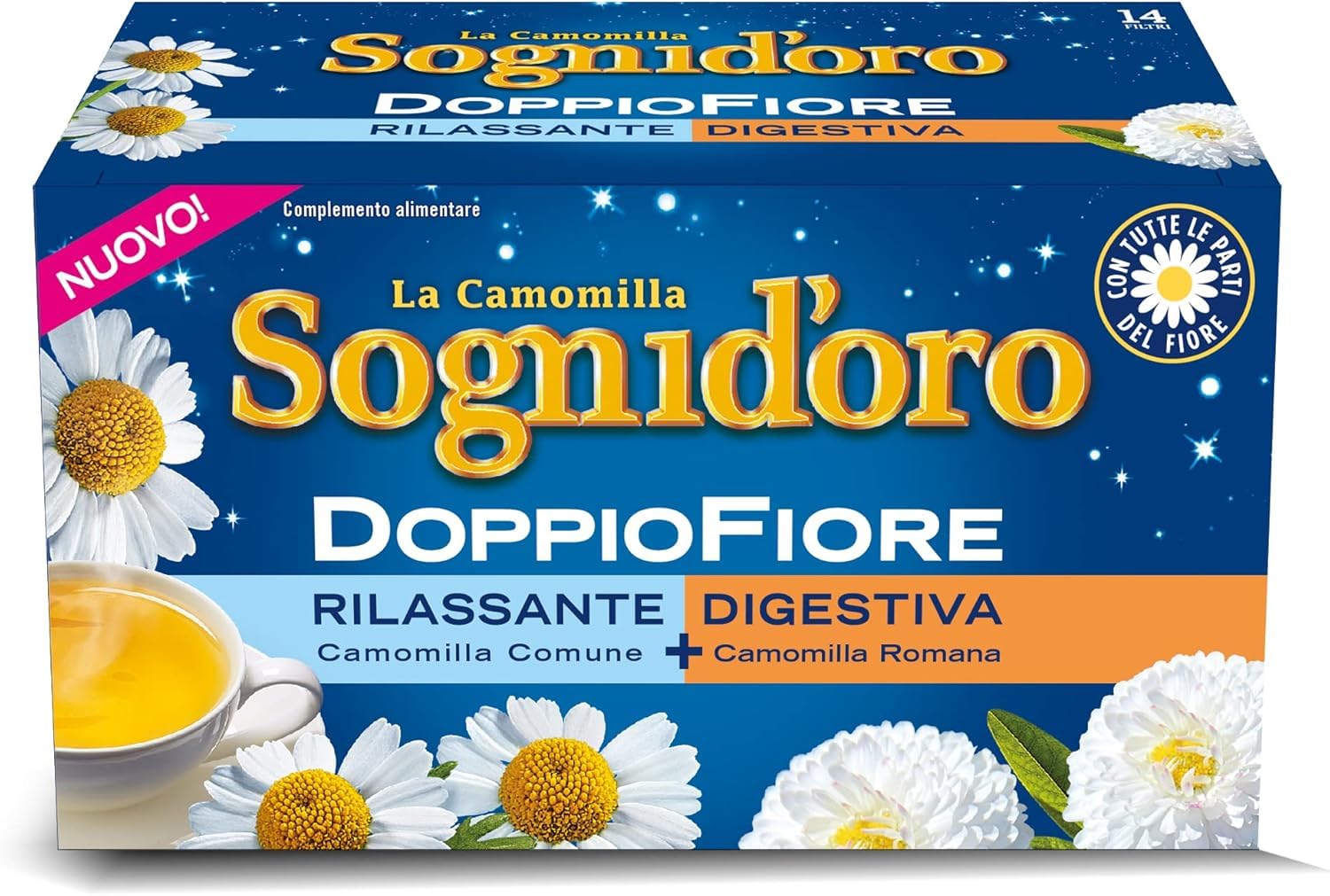 Italian Gourmet Sogni d'oro Camomilla Doppio Fiore 12 x 25,2g, Kräutertee | Infuso senza caffeina; entspannende Filterbeutel nach dem Essen oder, Gesamtnettogewicht 302,4 g + Kostenlos Polpa 400g