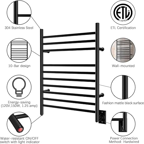 Miniatura 4 de HEATGENE Toallero calentado montado en la pared, con cable, color negro mate
