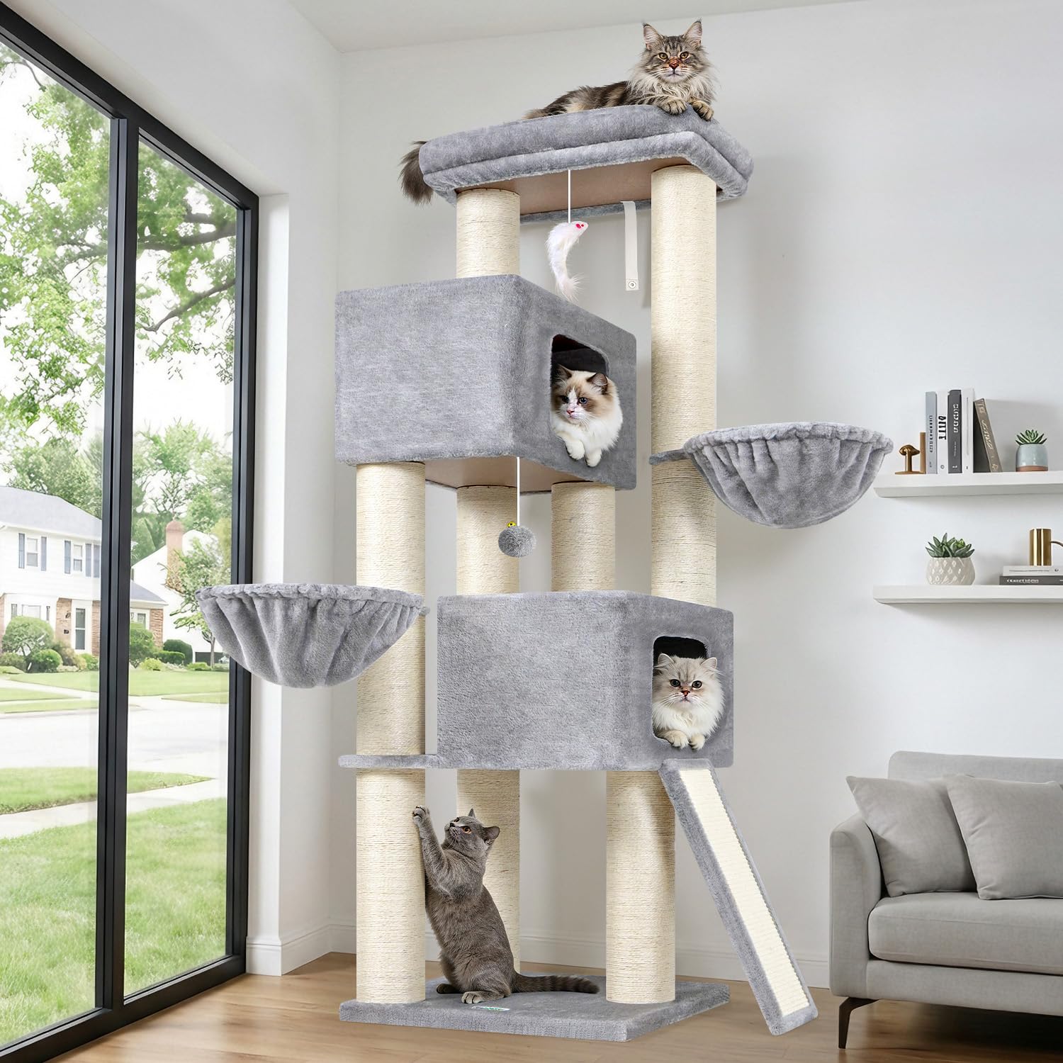 Globlazer Árbol Rascador XXL para Gatos Grandes con Postes Gruesos 11 cm, 2 Extragrande Nidos 50 * 35 * 30cm, Plataforma Acolchada Grande, Cesta, Estable Torre para Gatos Maine Coon (S67, Gris Claro)