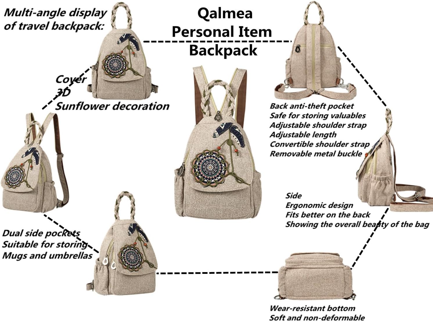 Small/Medium Backpack Purse, Boho Woven Crossbody Bag for Women Floral Embroidery Backpack Purse - Image 3