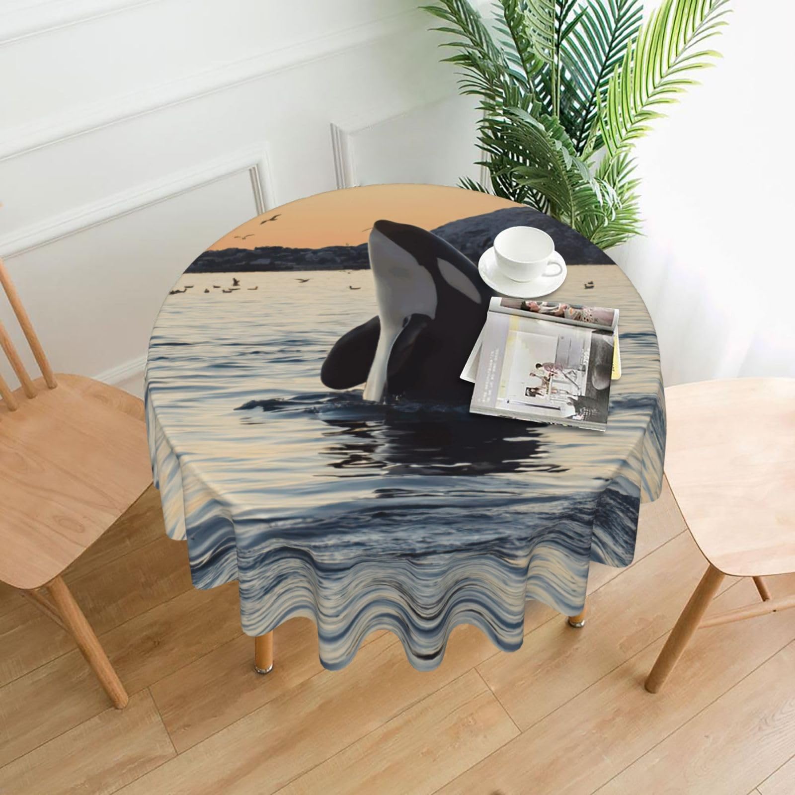 SDEGTHO Killer Whale Print Modern Retro Round Tablecloth 60in Polyester Fabric Cover for Party Dining Table Washable
