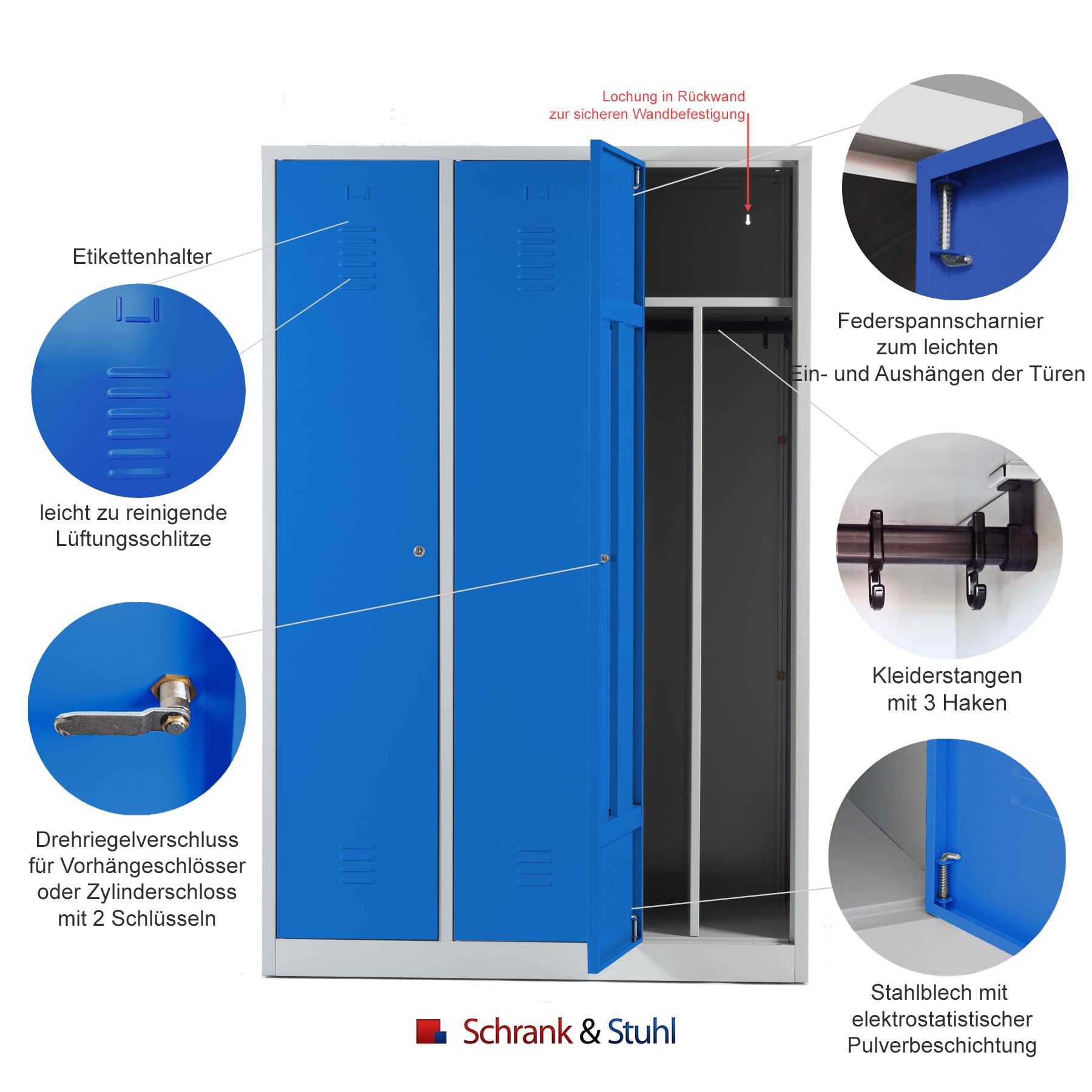 Schrank & Stuhl Spind – Metallspind mit 3 Abteilen in 180 x 120 x 50 cm, inkl. Hutboden, Trennwand und Drehriegelverschlüssen, Lieferung komplett montiert, Grau/Blau