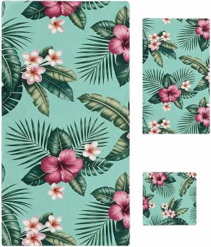 Tropical 3 Piece Bath Towels Set, Pink Floral Green Palm Leaf Aqua Watercolor Soft Absorbent Bathroom Shower Towels Luxury Set with 1 Bath Towel, 1 Hand Towel, 1 Washcloth