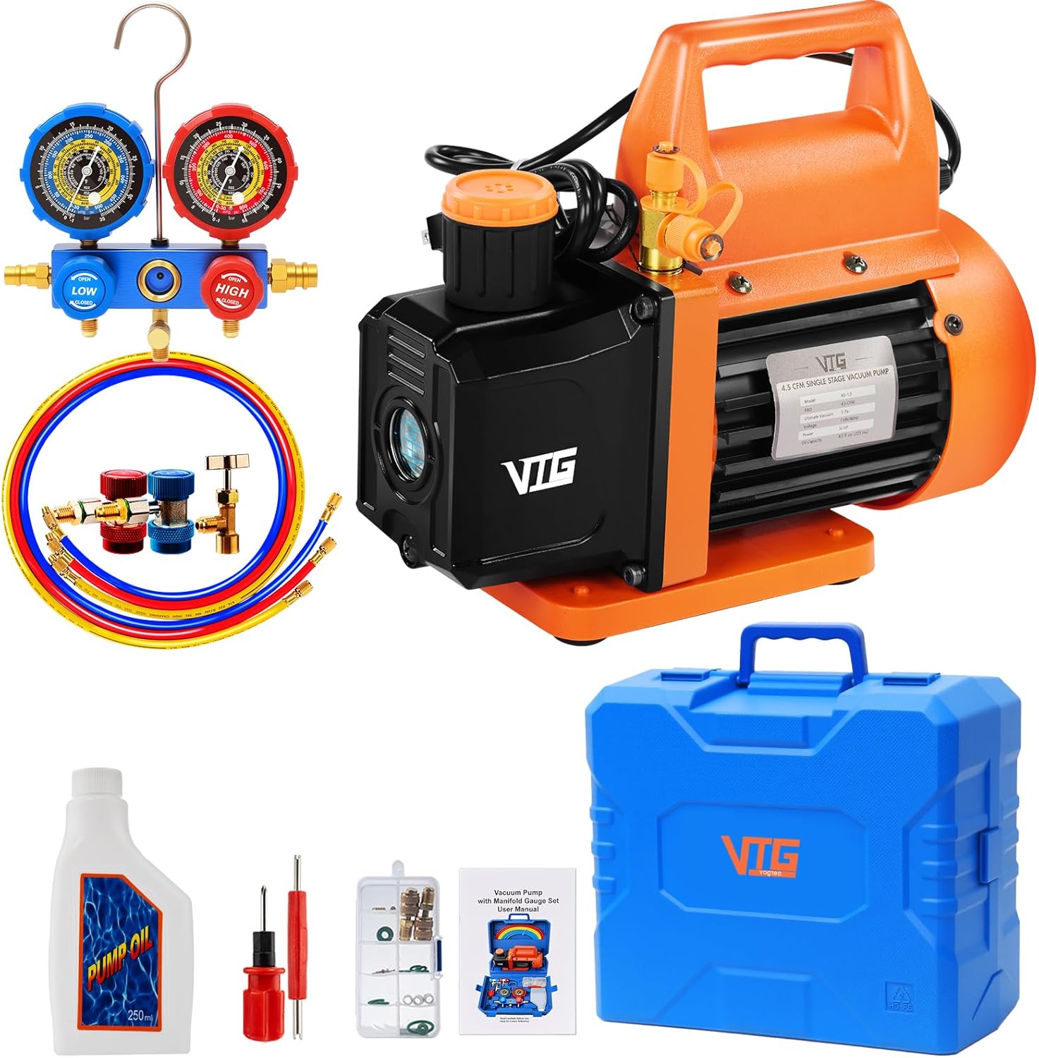 4.5 CFM AC Vacuum Pump and Gauge Set,for Mini Split/HVAC/Auto Systems,Manifold Gauge Kit Compatible with R22, R32, R134a,R410a,Includes 3 Hoses,R134a Can Tap,Upgraded Trifold Storage Case