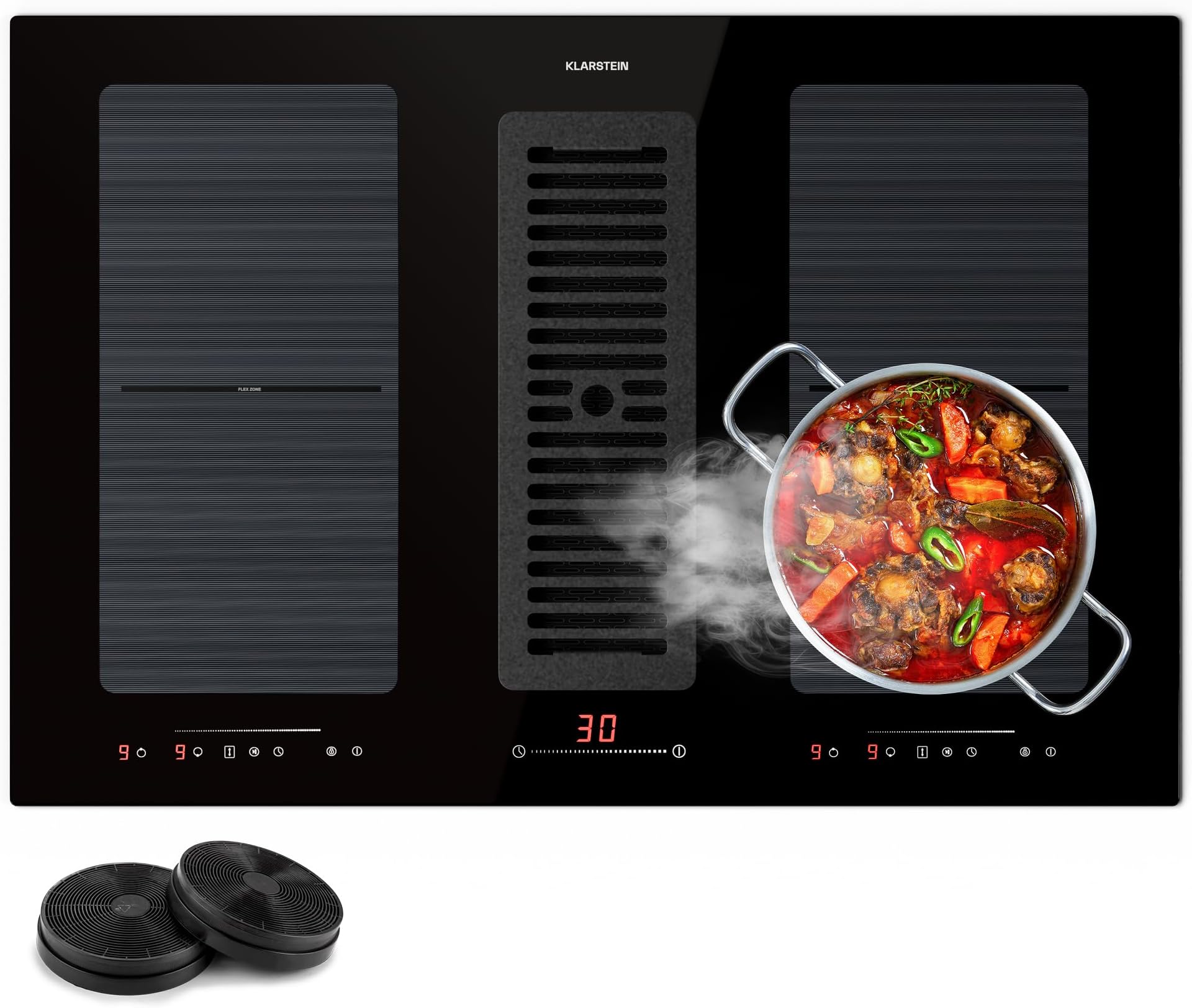 Klarstein 2-in-1 Electric Induction Hob & Kitchen Extractor Fan for Kitchen Islands, Steel Fan 391m³/h Airflow, Touch Control Induction Cooker Hoods, Flex Zone Ceramic Hob, Energy Class A+ Cooker Hood