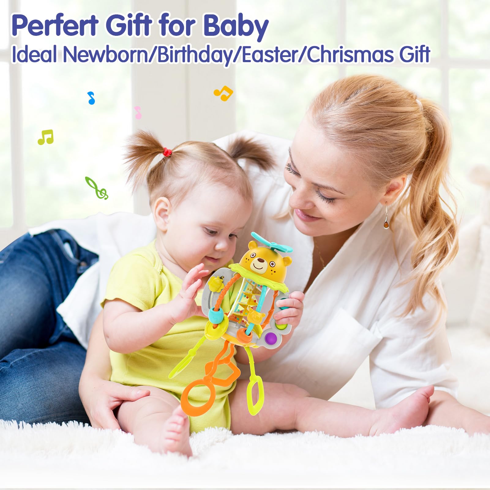 Juguetes Montessori para niños de 1 año, sonajero para dentición, juguetes para bebés de 0 a 6 y 6 a 12 meses, juguetes sensoriales de cuerda de silicona para niñas de 1 año, regalos de 7