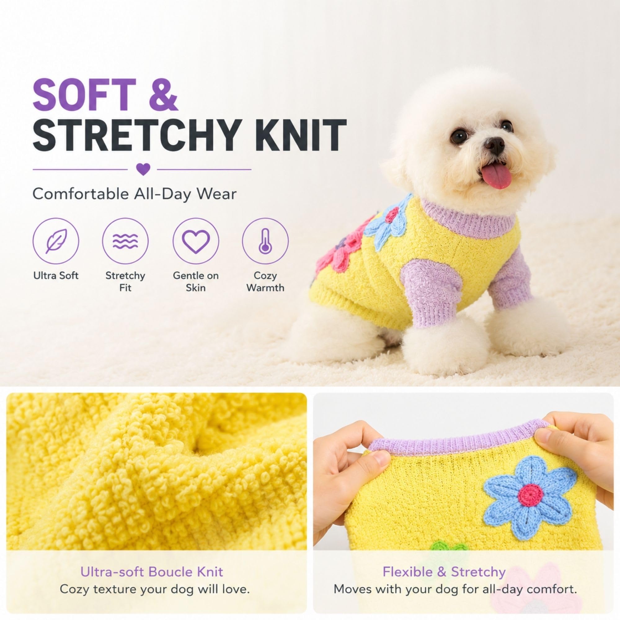 Vêtements pour chiens de petite et moyenne taille, pull pour animal de | Pull léger en polaire douce pour petit chien avec décoration florale 3D, facile à mettre, promenade quotidienne