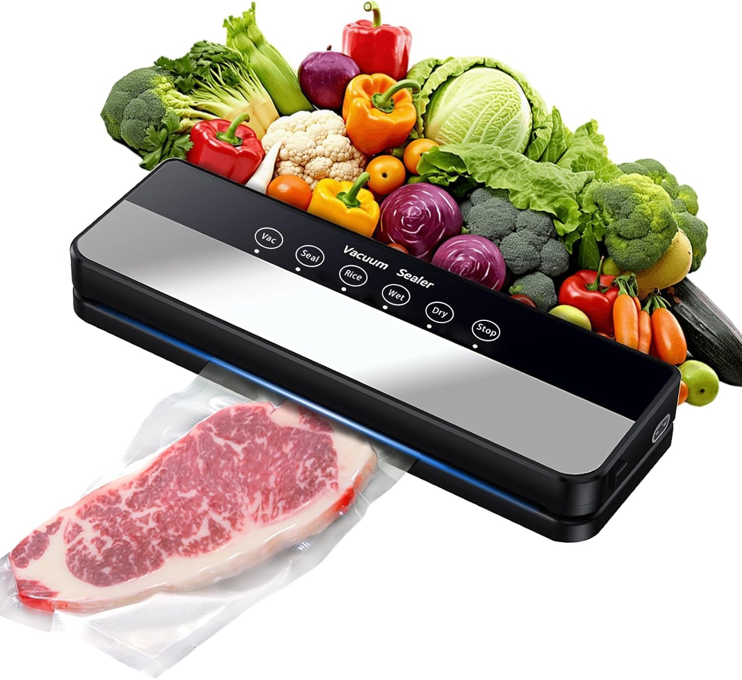 Ravinte 5-in-1 Food Vacuum Sealer in operation, sealing a bag containing salmon.