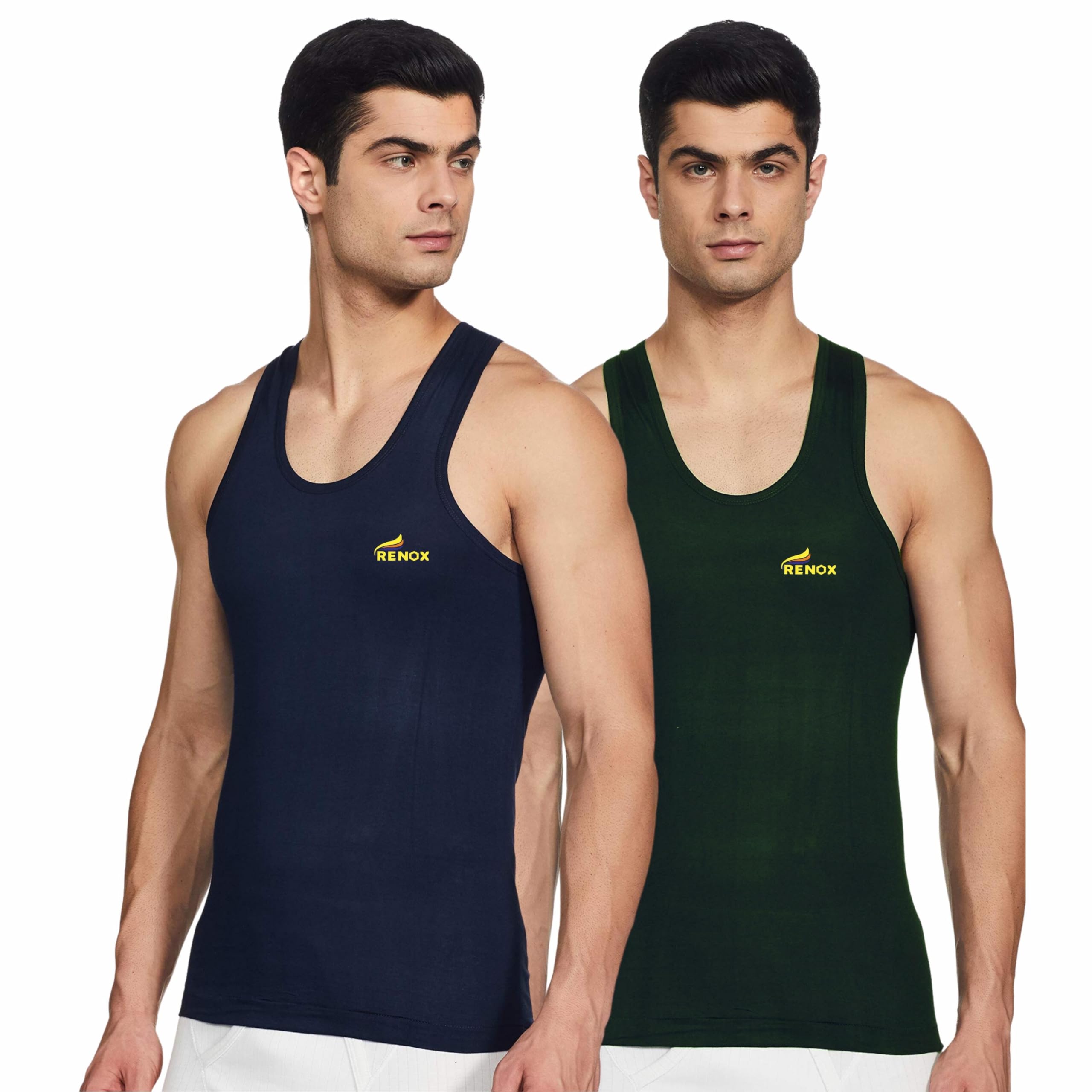 renox Men's Cotton Sleeveless RN Vest | Colour - Multi | Size - P - Pack of 2-picture-24