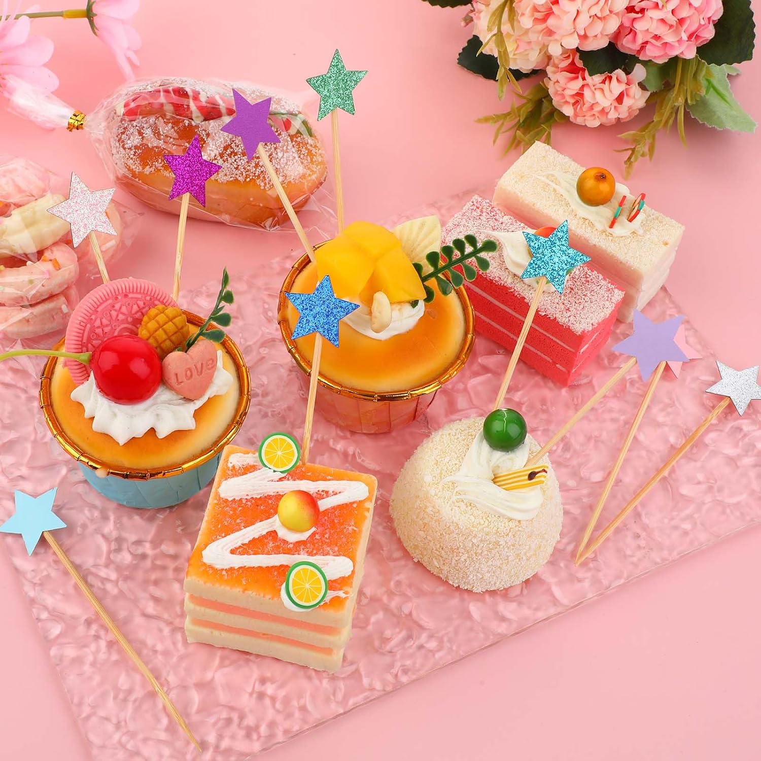 50 Pcs Stars Cake Toppers Cake Picks Glitter Star Cupcake Picks Mini Cake Toppers Food Decoration, Multicolored Star Birthday Party Baby Shower Cake Decorations Supplies