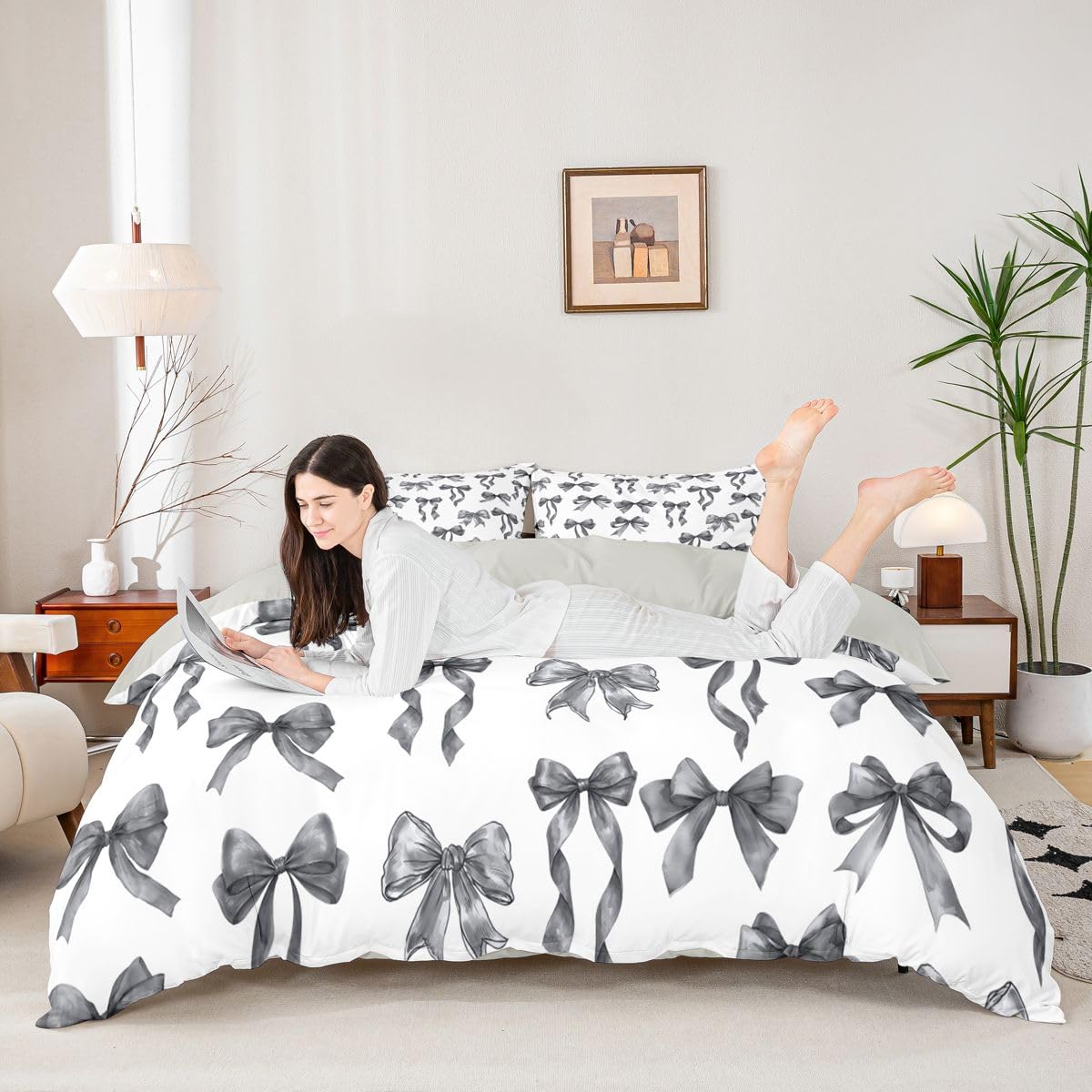 Homewish Urocza kokarda król pościel czarna poszewka na kołdrę zestaw kawaii wstążka kokardka poszewka na kołdrę dla dzieci dziewcząt nastolatek kobiet, akwarela kokardki preppy zestawy łóżek