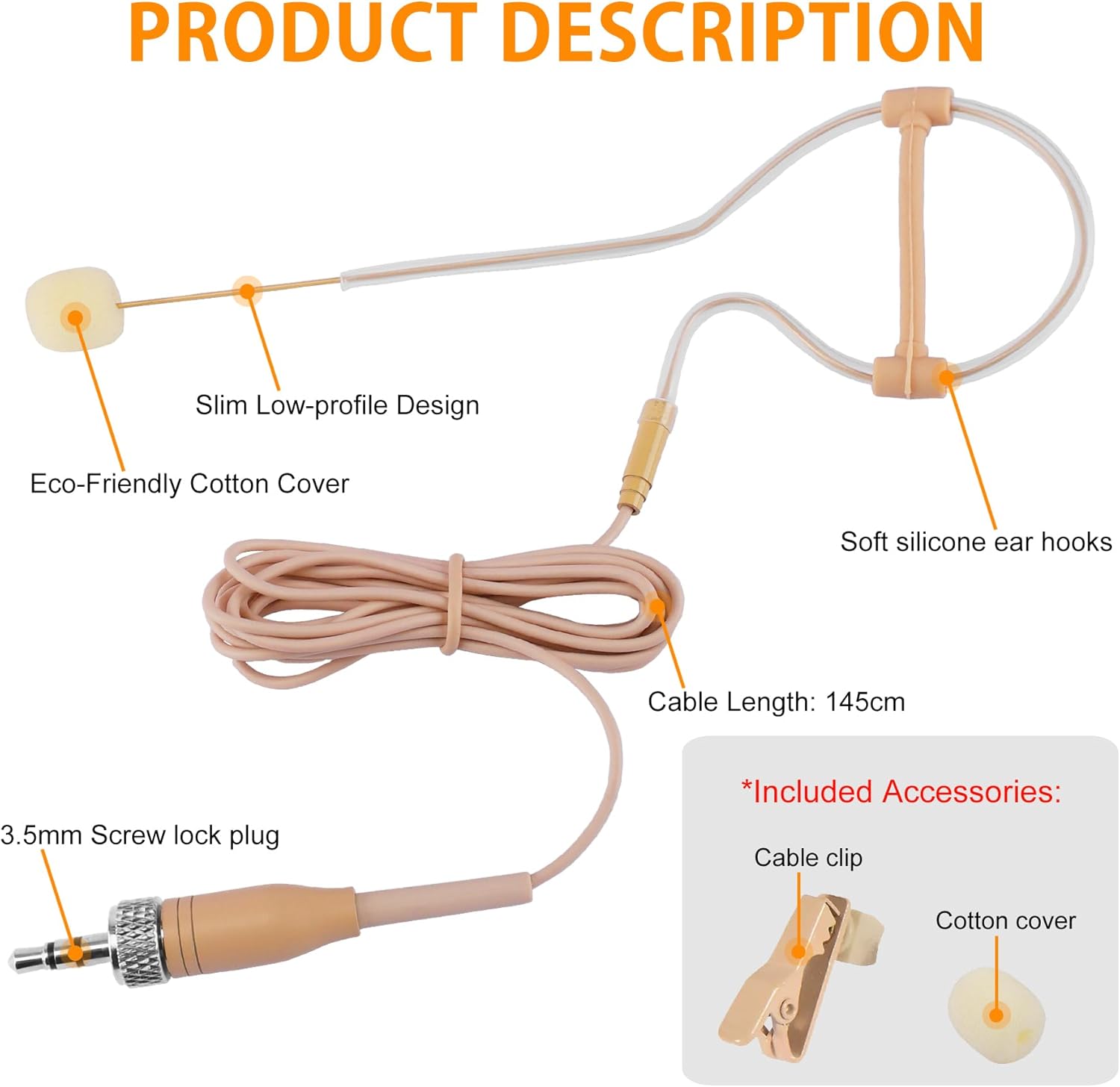 Concealed Single Earhook Headset Microphone Compatible with Sennheiser Wireless Bodypack Transmitter, Omnidirectional Condenser Mic with Windscreen, Ideal for Lectures, Singing 3.5mm Lock Plug