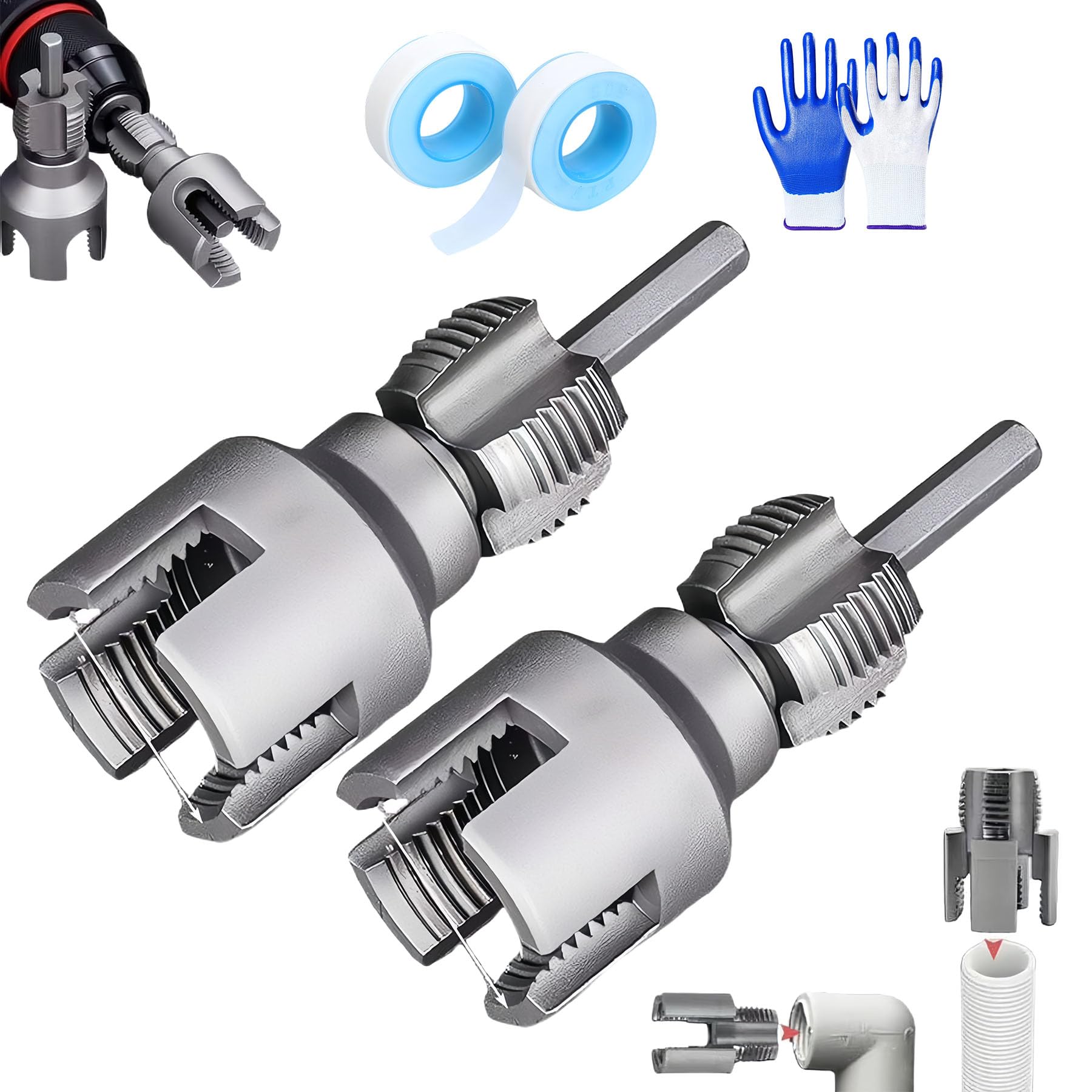 Integrated Internal & External Pipe Threading Tool,2025 New Pipe Thread Cutting Tool,1/2'' & 3/4'' PVC Pipe Threader Kit,Electric Drill Compatible Threader Kit for Home Repair (1/2''+3/4'')