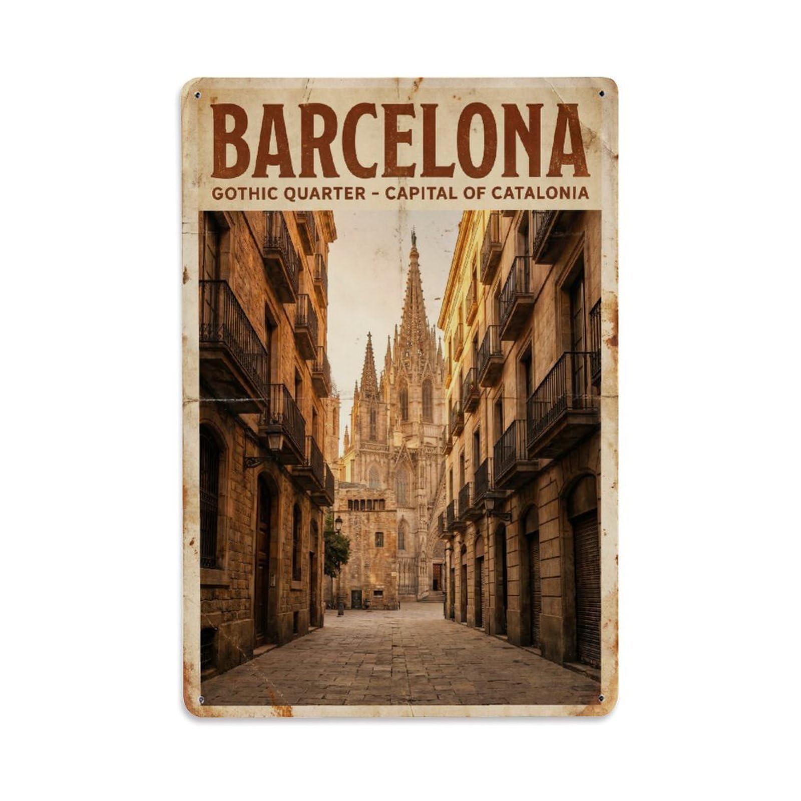 Este 8X12inch Style Vintage Travel Barcelona Spain Panoramic Metal Tin Sign