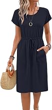 PLOKNRD Women's Summer Dress 2026 Short Sleeve Round Neck Tie Waist Floral Beach Midi Dress with Pockets