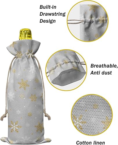 Miniatura 4 de Paquete de 10 bolsas para botellas de vino, cubierta de botella de vino de copo de nieve de invierno con cordón, bolsa de regalo de Feliz Navidad,