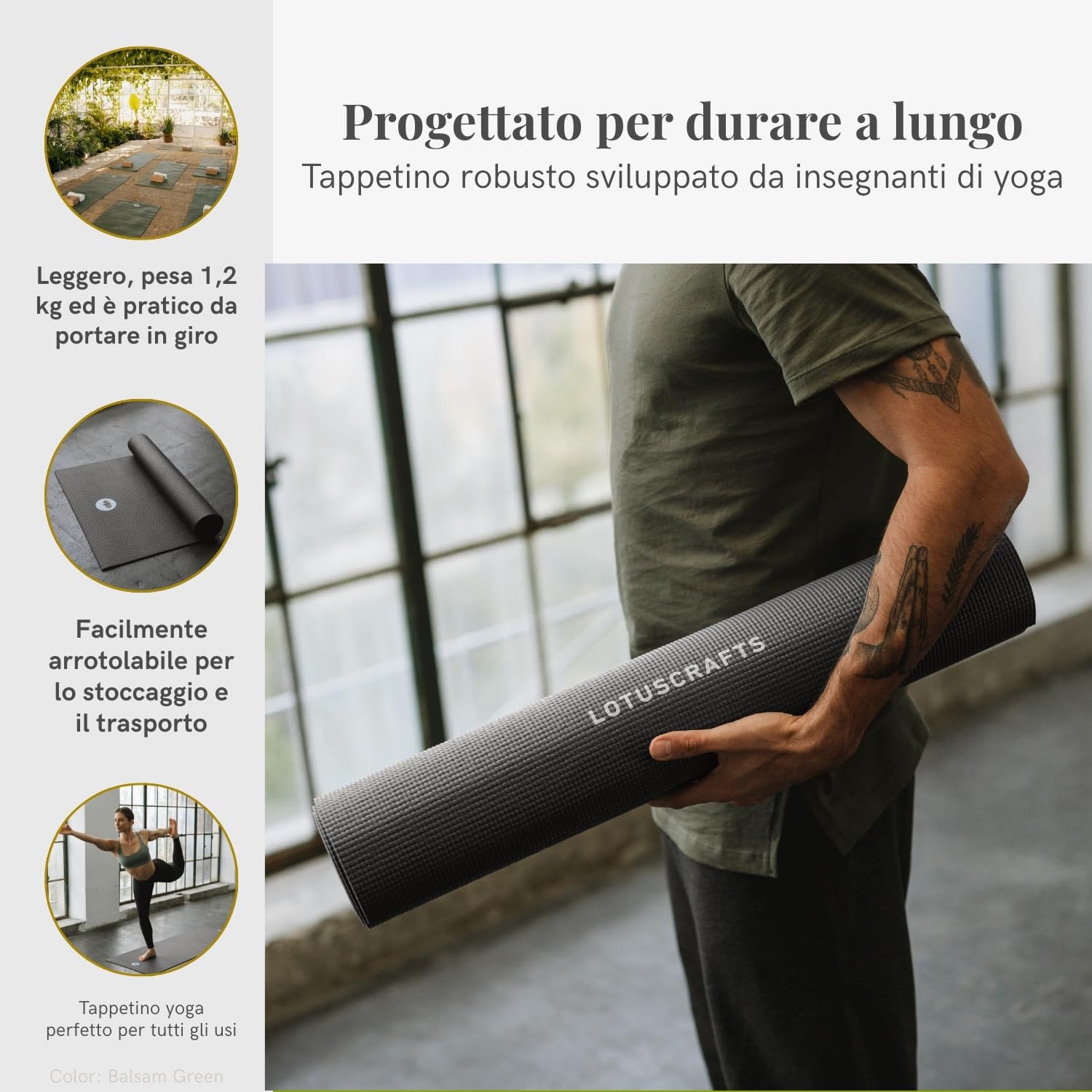 LOTUSCRAFTS Tappetino yoga antiscivolo, modello Mudra Studio, standard o XL, certificato OEKO TEX®, perfetto tappetino yogas versatile per yoga o pilates