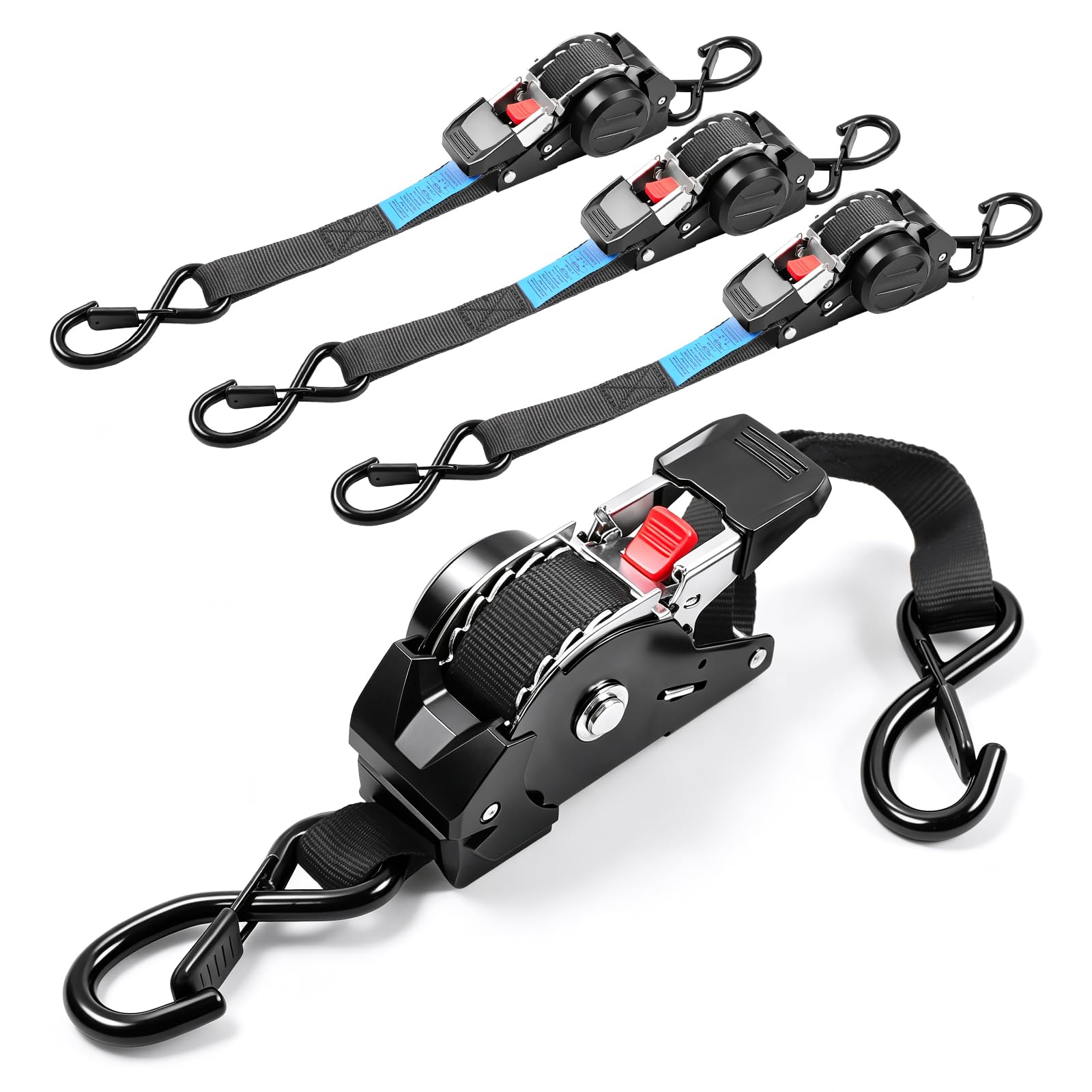 4 Stück Automatik Spanngurt mit S Haken, 3 m x 25mm, 680kg Bruchfestigkeit, Selbstaufrollend Spanngurte mit Ratsche, Zurrgurt für LKW, Kajak, Motorrad, Fahrrad und Anhänger