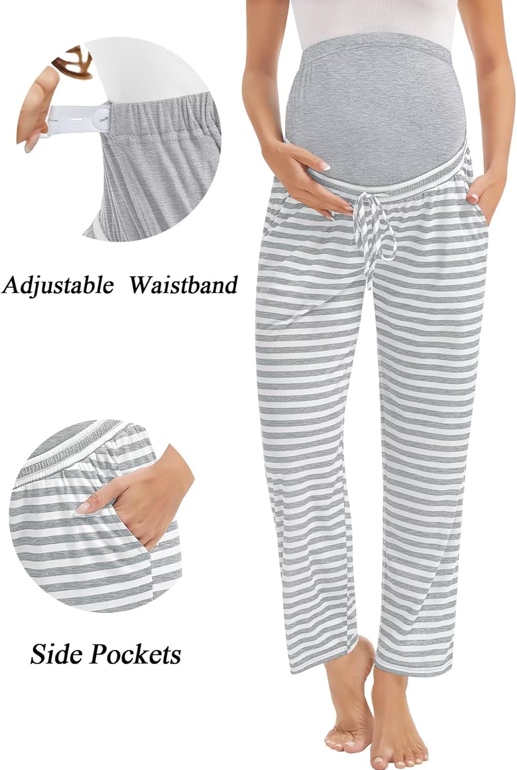 SWOMOG Women's Maternity Pajama Pants Over The Belly Pregnancy Pants Stretchy Lounge Wide Leg Trousers with Pockets - Image 4