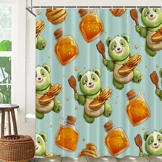 Batmerry Little Panda Syrup Bottles Flipping Pancakes Shower Curtain, Green Pandas Golden Syrups Cute Bathroom Polyester Plastic Rings Quick-Drying Waterproof for Bathtubs/Bathroom, 72x72 inches