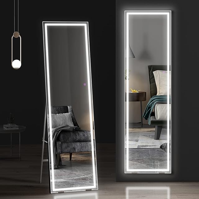 Dripex LED Full Length Mirror, 140x40cm Free Standing Floor Mirror, Wall Mounted Hanging Mirror with Lights, Full Size Body Mirror with Dimming & 3 Color Lighting for Bedroom