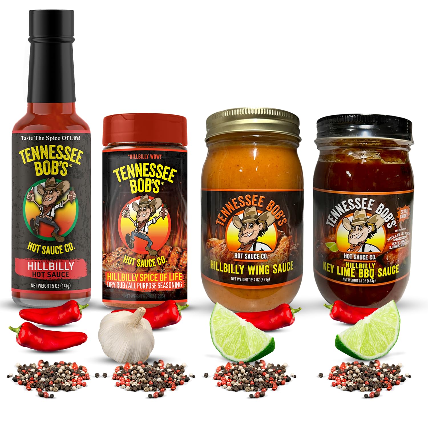 Hot Sauce Variety Pack. All Purpose Seasoning Set. Includes Tennessee Bob’s Hillbilly Quatro Gift Set. One of Each: Spicy Sauce, Hot Wing Sauce, Keylime BBQ Sauce and Dry Rub. Perfect for Barbecue Nights.
