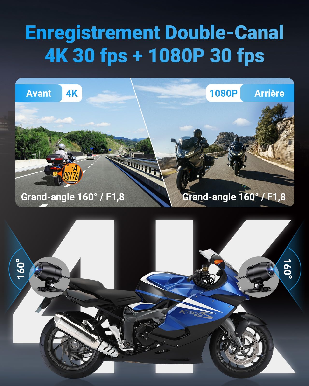 VANTRUE F1 4K+1080P Caméra de Moto étanche IP67，5GHz WiFi GPS Dashcam Moto Avant et Arrière, Alertes Vocales, 24H Détection de Collision，Statistiques de Kilométrage，WDR & HDR & Appli,300° Max 512G