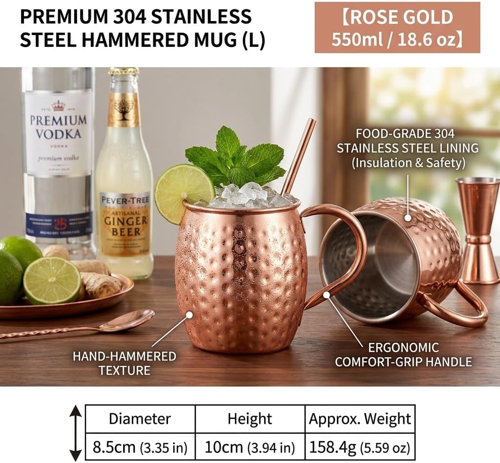 Moscow Mule Mugs, 18 OZ Hammered Copper Cups with 304 Stainless Steel Lining for Bars, Parties, Cold Drinks, Beer, and Wine