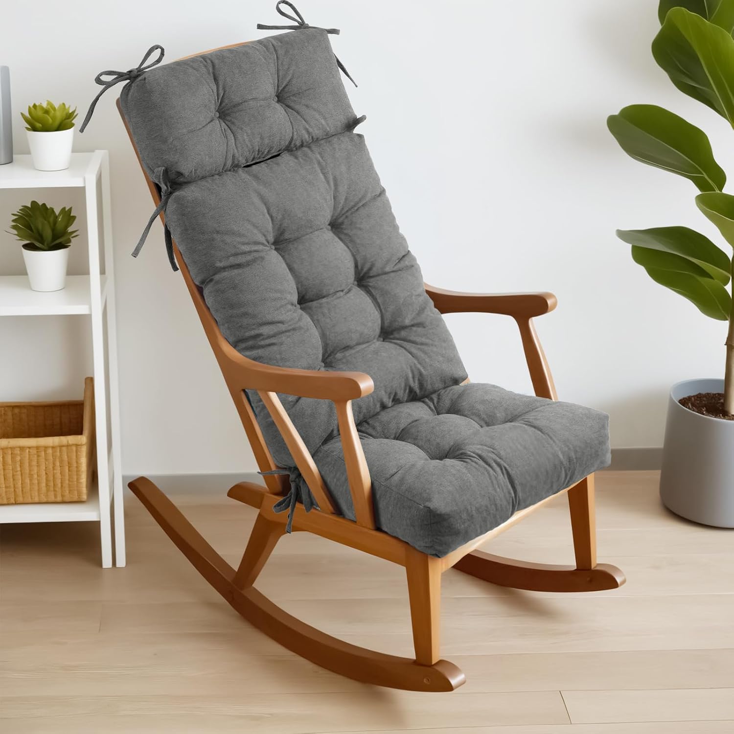 Rocking Chair Cushions for Indoor Rocker, Comfortable Polyester Brushed Tufted Non-Slip Rocking Chair Pads with Ties for Adirondack, Glider Chair rocker replacement cushions, Gray, 52"x19"x4"