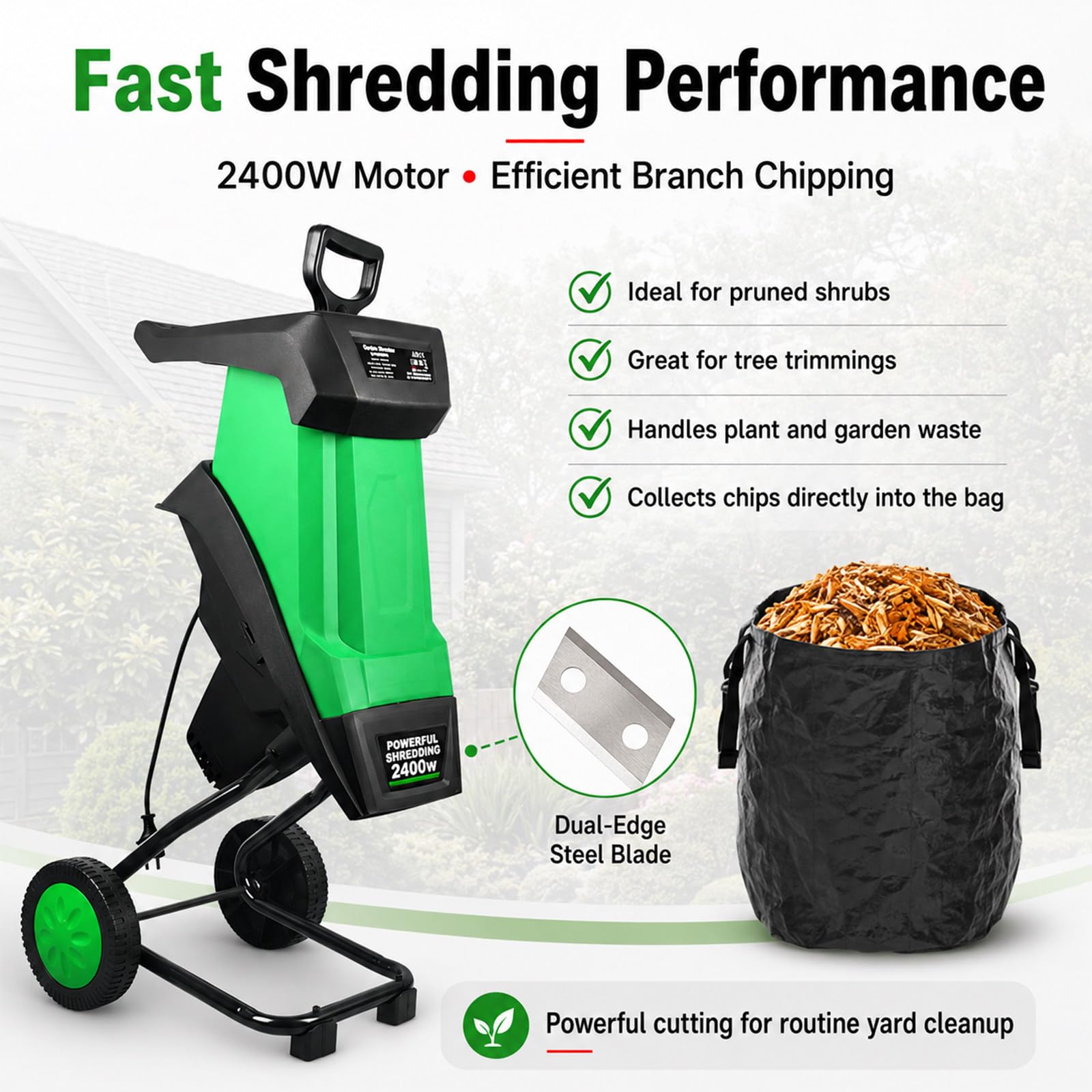Biotrituradora Eléctrica de Jardín y Madera, Bolsa de Recolección 50 L, Potente Trituradora de Hojas, Capacidad de Corte 40 mm, Motor 4500 RPM, para Hojas, Ramas, Restos y Residuos