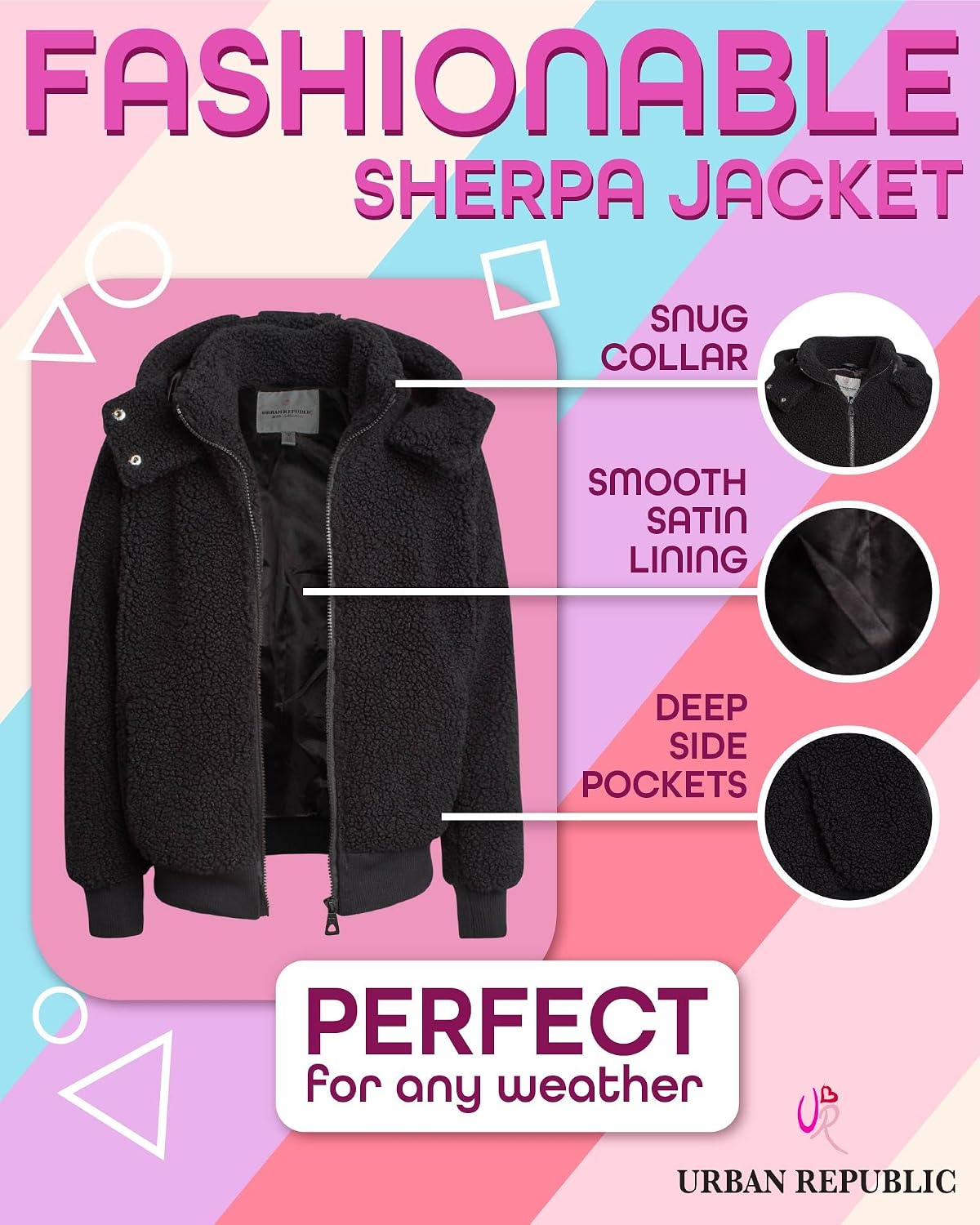 URBAN REPUBLIC Girls Sherpa Jacket - Cozy Satin Lined Outerwear Jacket - Zip Up Hooded Jackets for Girls with Snug Collar