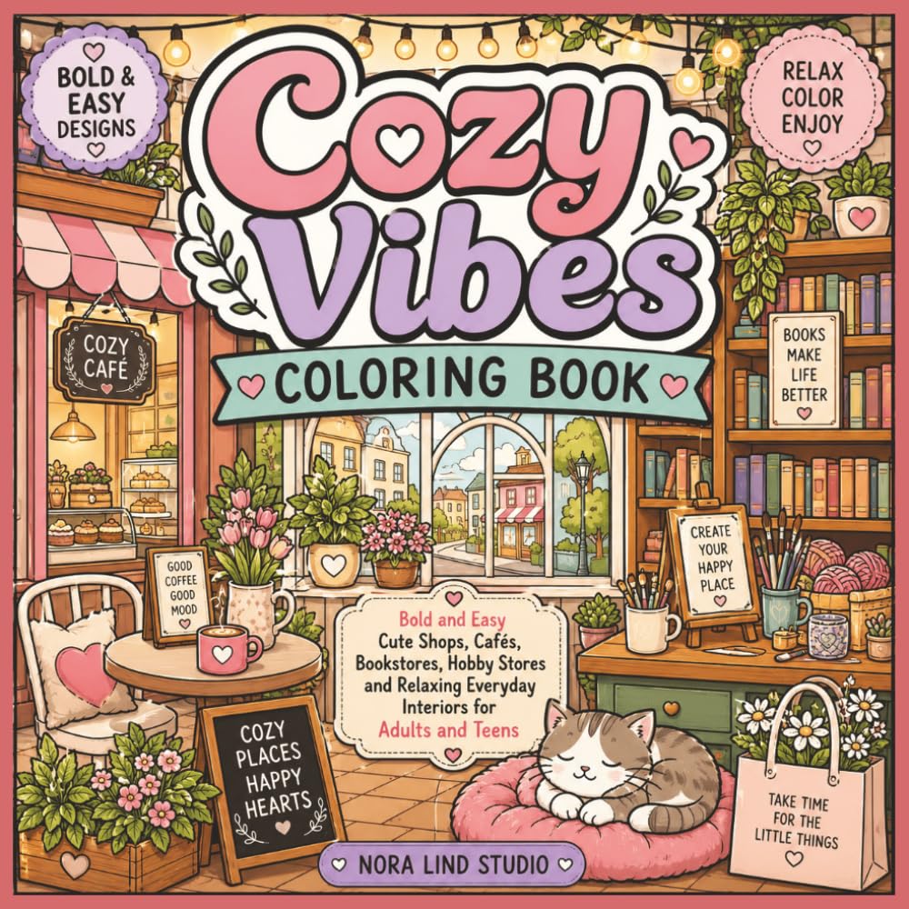 Cozy Vibes Coloring Book: Bold and Easy Cute Shops, Cafés, Bookstores, Hobby Stores and Relaxing Everyday Interiors for Adults and Teens (Cozy Corners)
