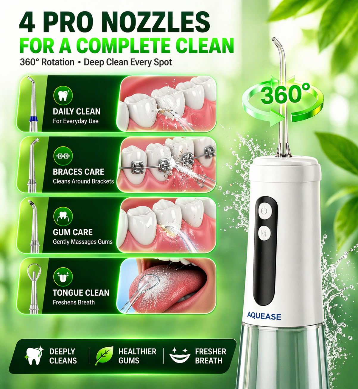 Irrigador bucal inalámbrico para encías y aparatos ortopédicos sensibles, luz integrada para autolimpieza, 4 puntas, 2 modos, 18 ajustes de presión, bolsa, hilo dental portátil recargable e