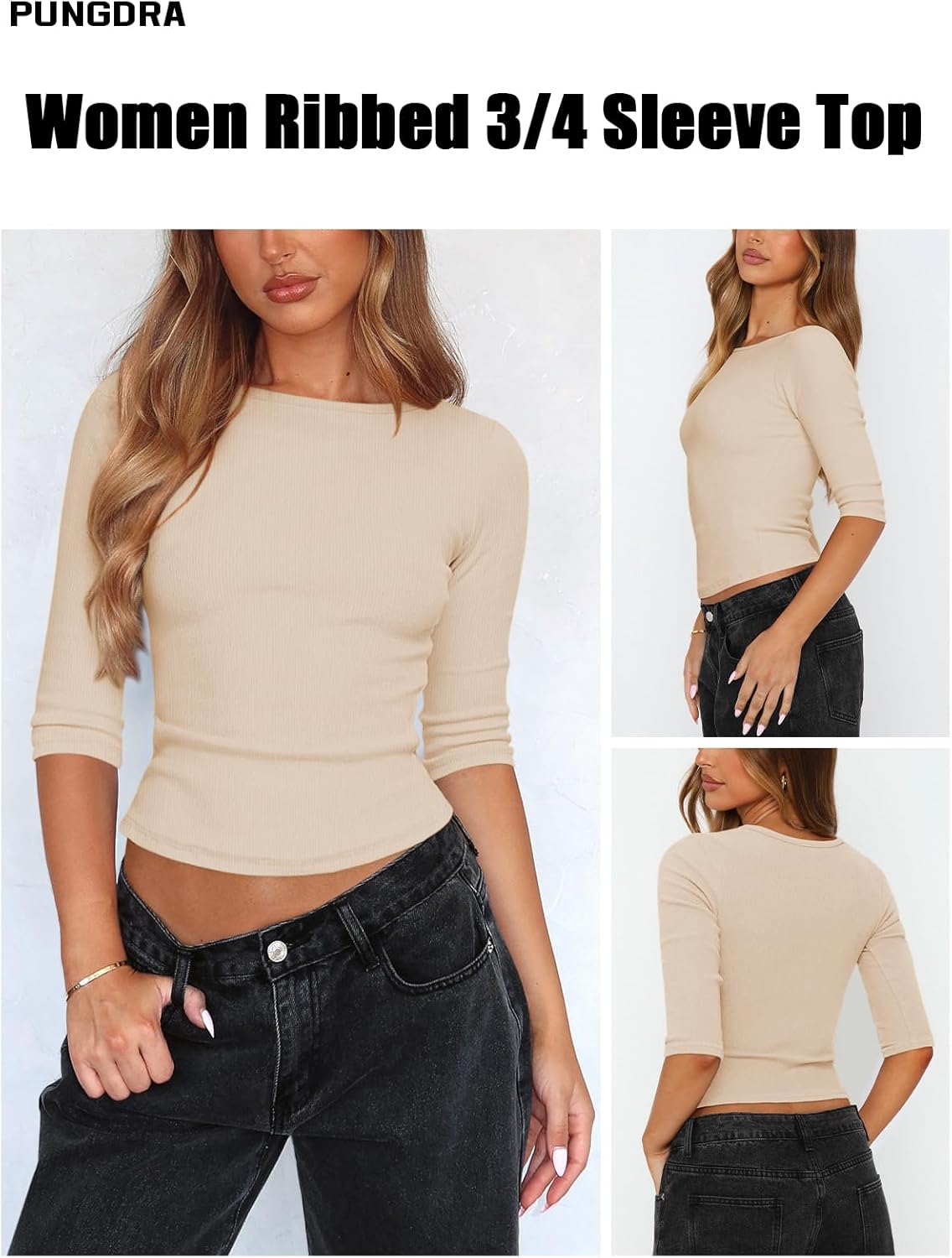 Womens 3/4 Sleeve Boat Neck Tops for Women Ribbed Knit Slim Fit Plain T Shirts Cropped Basics Essentials Clothing - Image 2