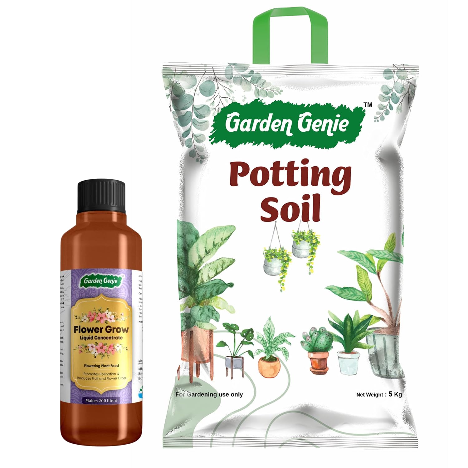 Garden Genie Flower Growth Booster Liquid Concentrate 200ml & Ready to Use Potting Soil Mix for Plants 5 Kg | Essential Fertilizer for Plants Home Garden