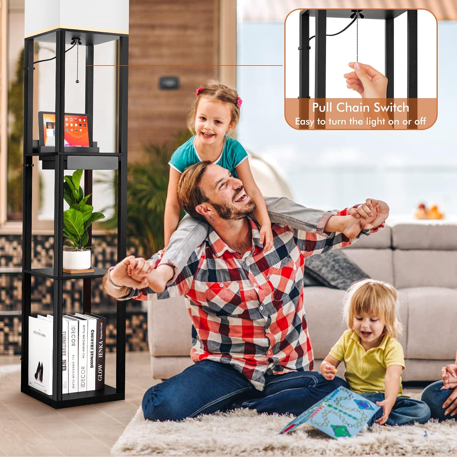 BrightHome Floor Lamp with Shelves and Drawer, Standing Lamp with 2 USB Charging Ports and 1 Outlet, Modern Tall Storage Shelf Lamp, Bright Lighting for Living Room Bedroom Office, Solid Wood in Black