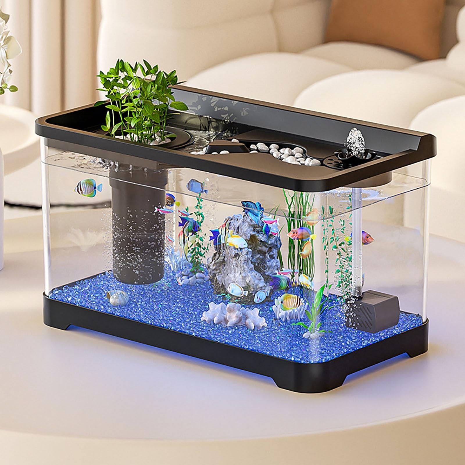 Aquarium avec Couvercle, Kit Complet avec Lampes LED, Pompe À Air, Système De Filtration - Décoration De Table D'aquarium pour Poisson Rouge Crevettes Betta Poisson Tortue(Small)