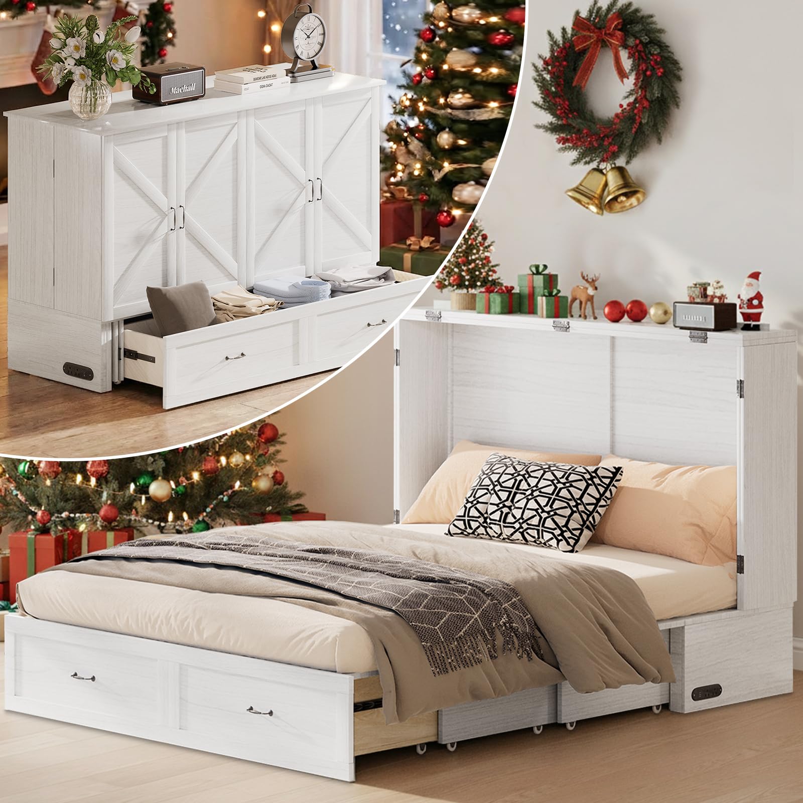 ijuicy Murphy Bed, Queen Size Cube Cabinet Bed with 3 Level Foldable Memory Foam Mattress, Space-Saving Folding Bed with Charging Station & Drawer for