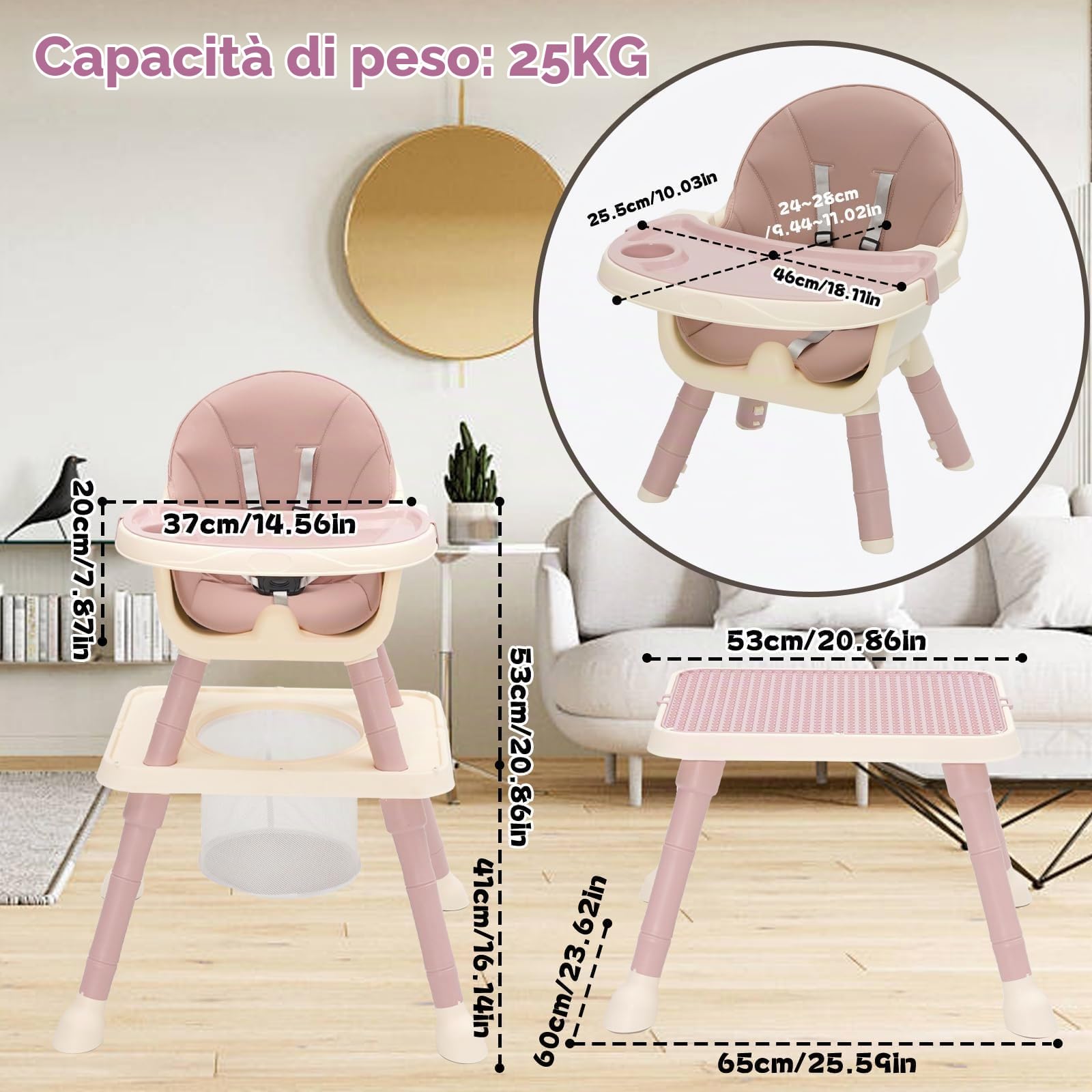 Seggiolone Pappa 7 in 1 con Piatto Cena Smontabile, Cestino Cintura Vassoio Rimovibile Seggiolone Evolutivo Pappa per Bambini da 6 Mesi Fino a 6 Anni (Rosa)