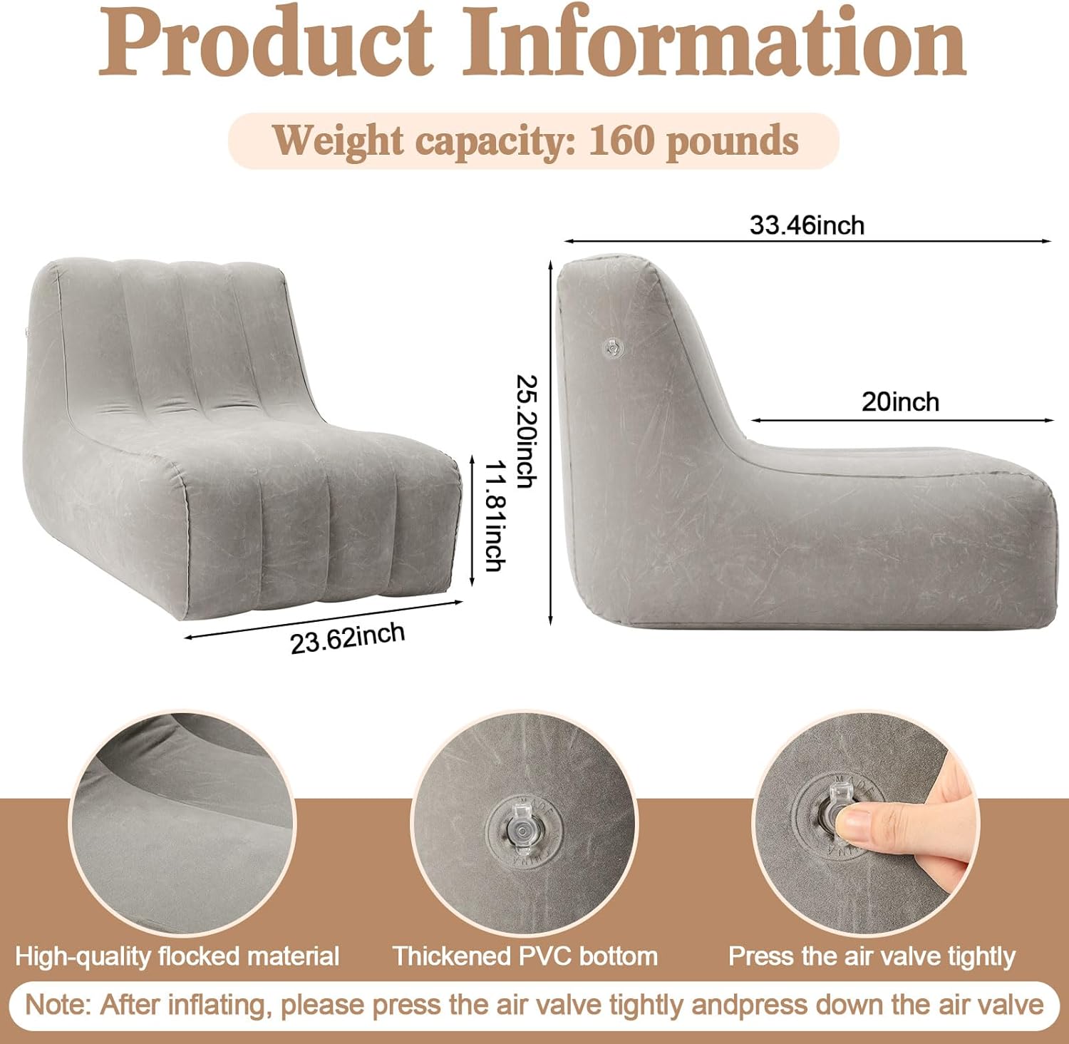 Inflatable Chairs for Adults, Blow up Couch with Electric Air Pump, Inflatable Chairs for Movie Night Flocking Portable Blow up Furniture Beanbag Sofa for Living Room Party(Light Grey)